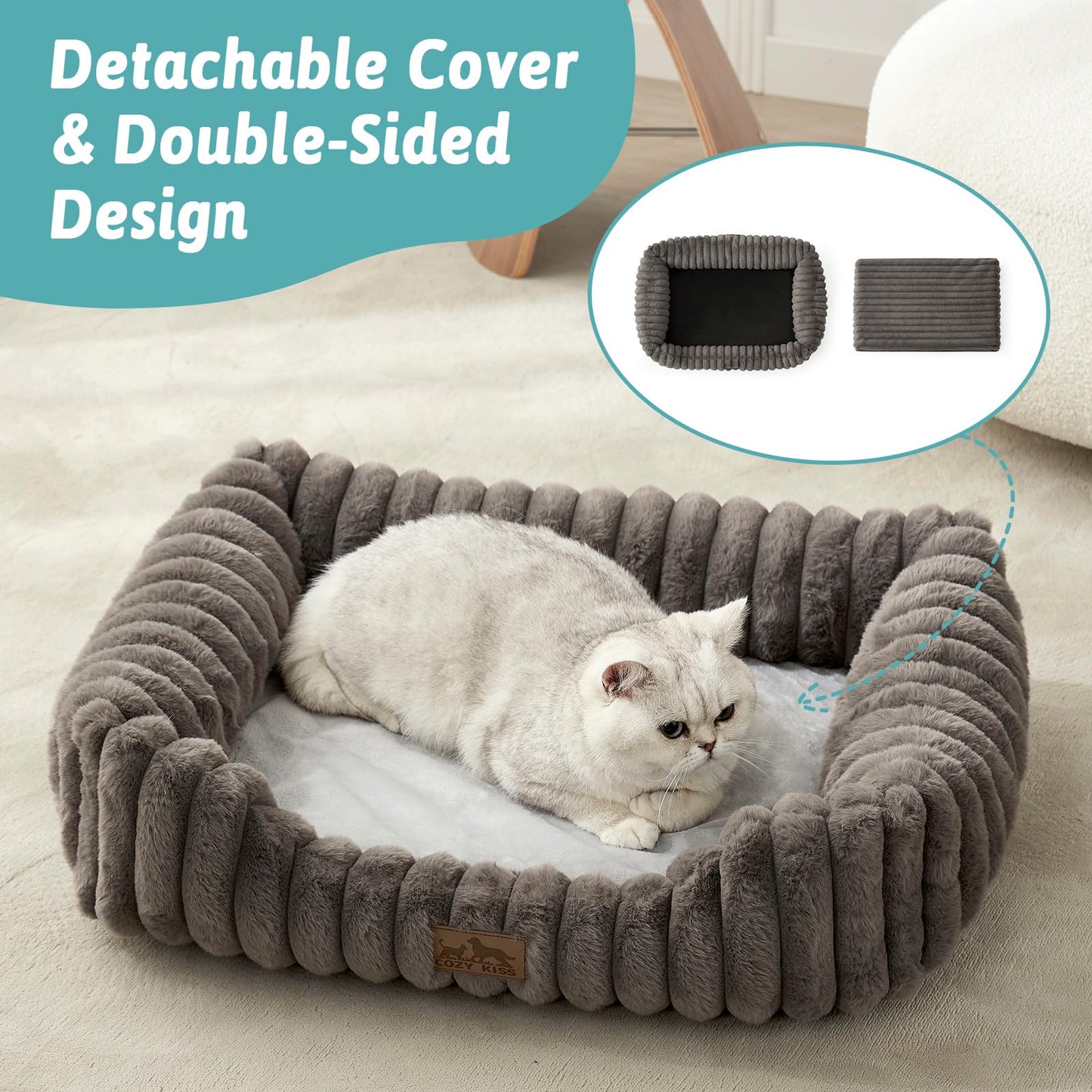 COZY KISS Orthopedic Dog Bed for Small Dogs & Medium Dogs - Washable Rectangle Pet Bed with Anti-Slip Bottom, Soft Calming Cat & Puppy Bed for Indoor Pets (30"x23"x7", Grey)