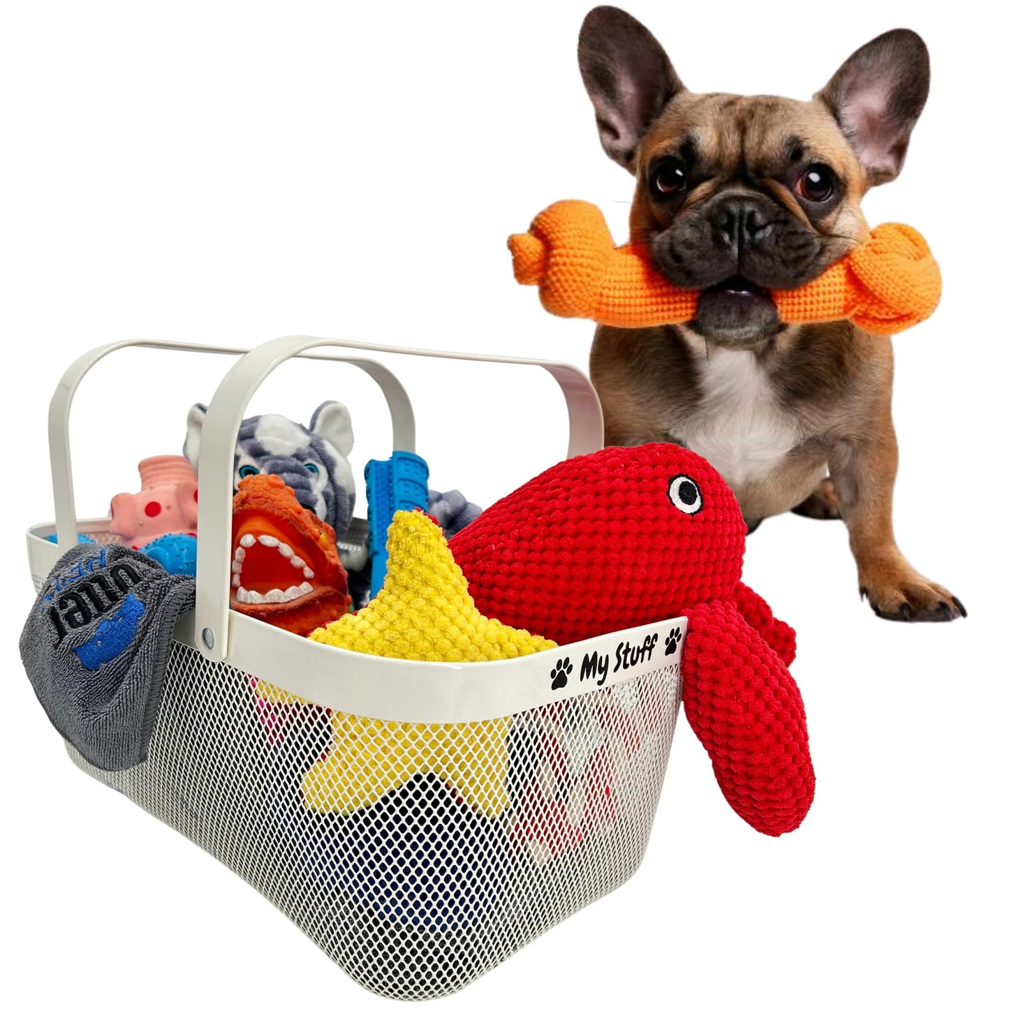 OtterPets Dog Toy Basket Metal Mesh Metal, Chew Proof, 16 (L) x 9.5 (W) x 7 (H) inches White Dog Toy Bin, Sturdy Pet Toy Basket