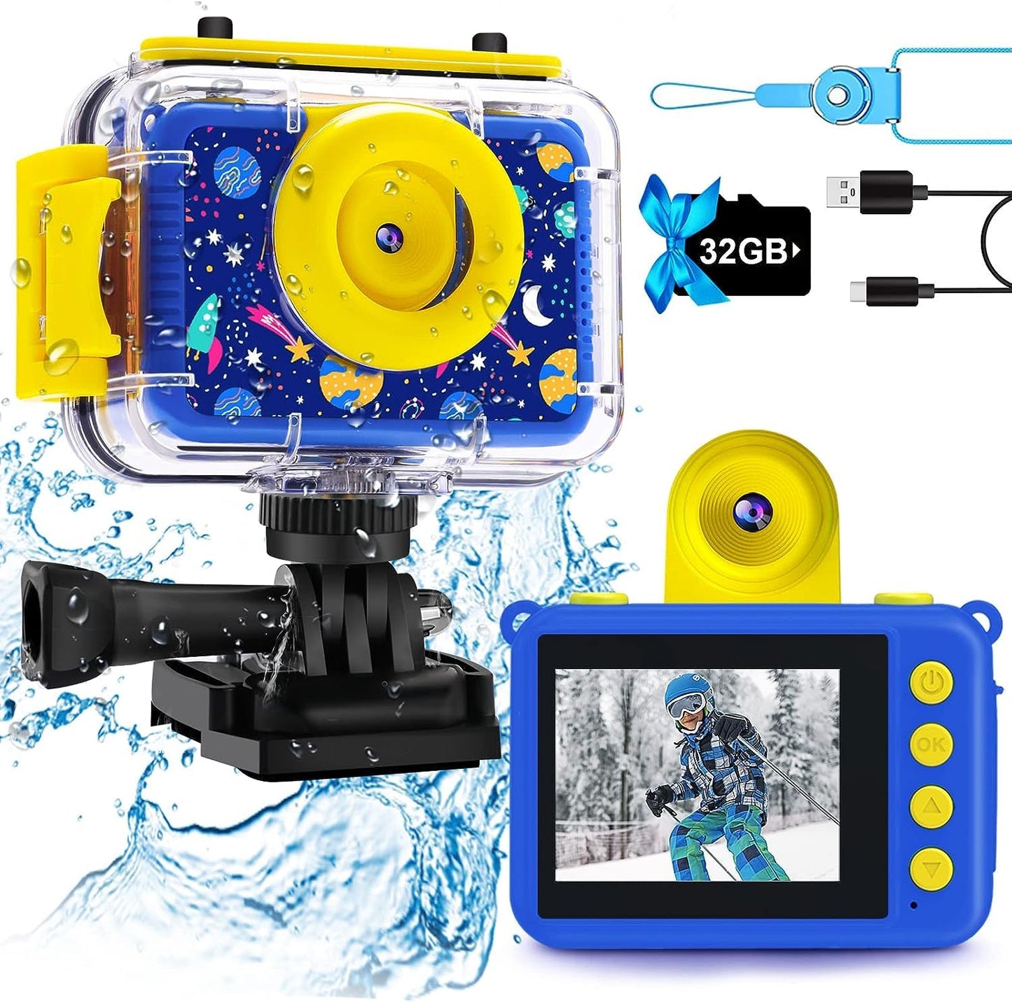 GKTZ Kids Camera - Underwater Camera Birthday Gifts for Girls Boys Children Digital Waterproof Camera with 32GB SD Card, Pool Toys for Kids Age 3-12 (Dark Blue)