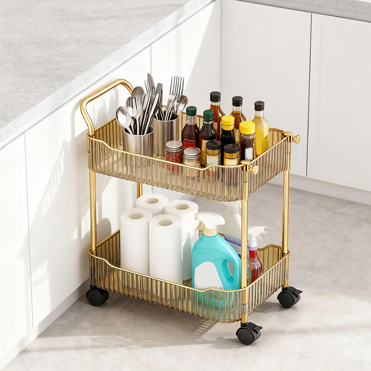 Acrylic Utility Cart, 2 Tier Rolling Trolley with Lockable Wheels Storage Organizer for Kitchen Bathroom Laundry Snack Book,Gold,2 Tier