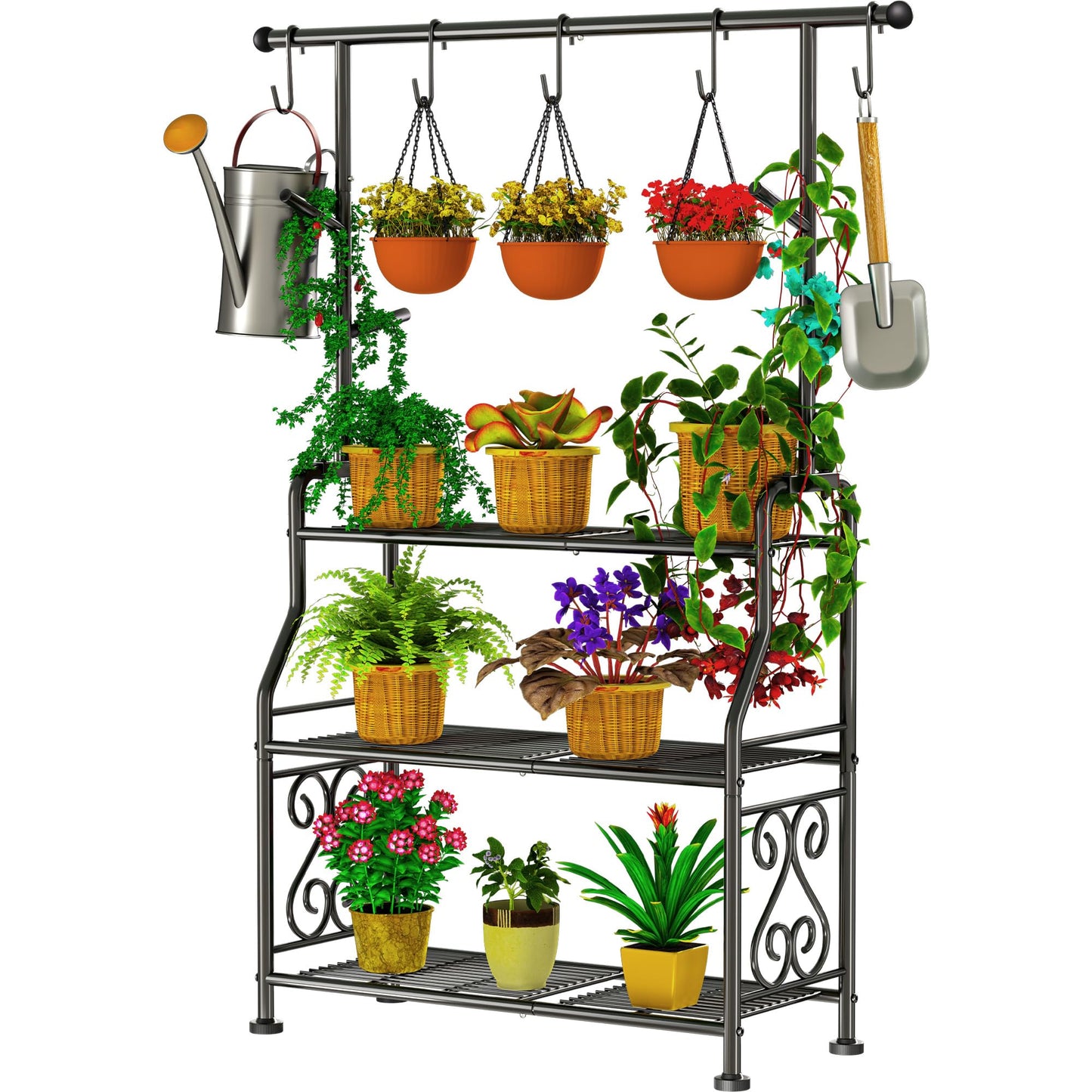 Outdoor Plant Stand 3-Tier Heavy Duty Metal Shelf for Patio & Indoor Use - Holds 14+ Plants with 5 Hooks, Rust-Proof Plant Holder for Garden, Balcony, Living Room, Black