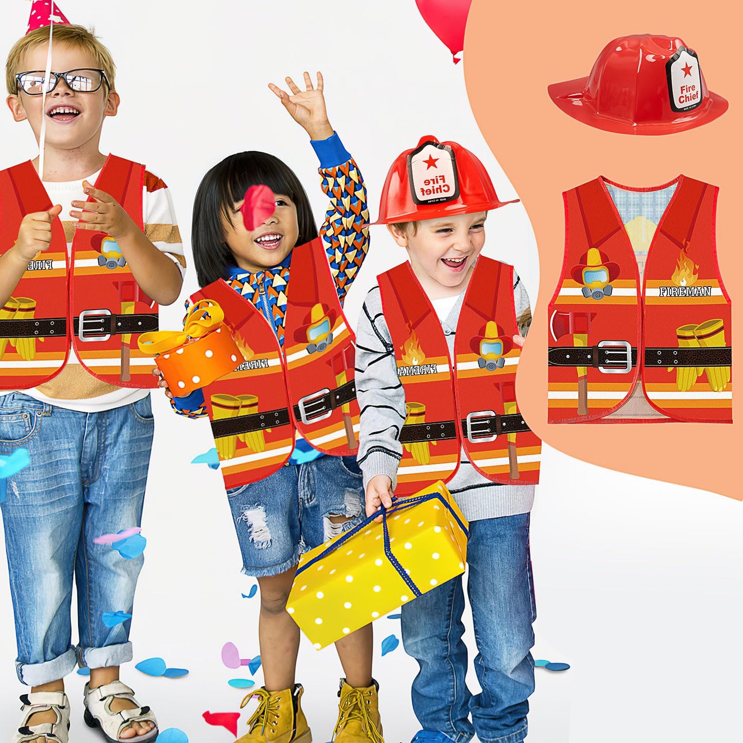 24 Pcs Fireman Costume Set for Kids, Fireman Role Play Party Supplies for Kid Birthday Halloween Role Play Party Dress