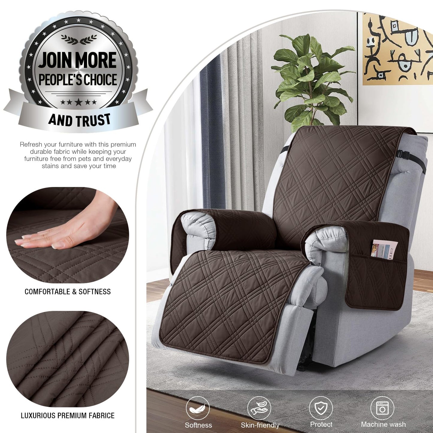 TAOCOCO 100% Waterproof Recliner Chair Cover, Non Slip Recliner Covers for Recliner Chair with Pocket, Washable Reclining Chair Cover Furniture Protector for Kids, Pets(Recliner Chair, Chocolate)