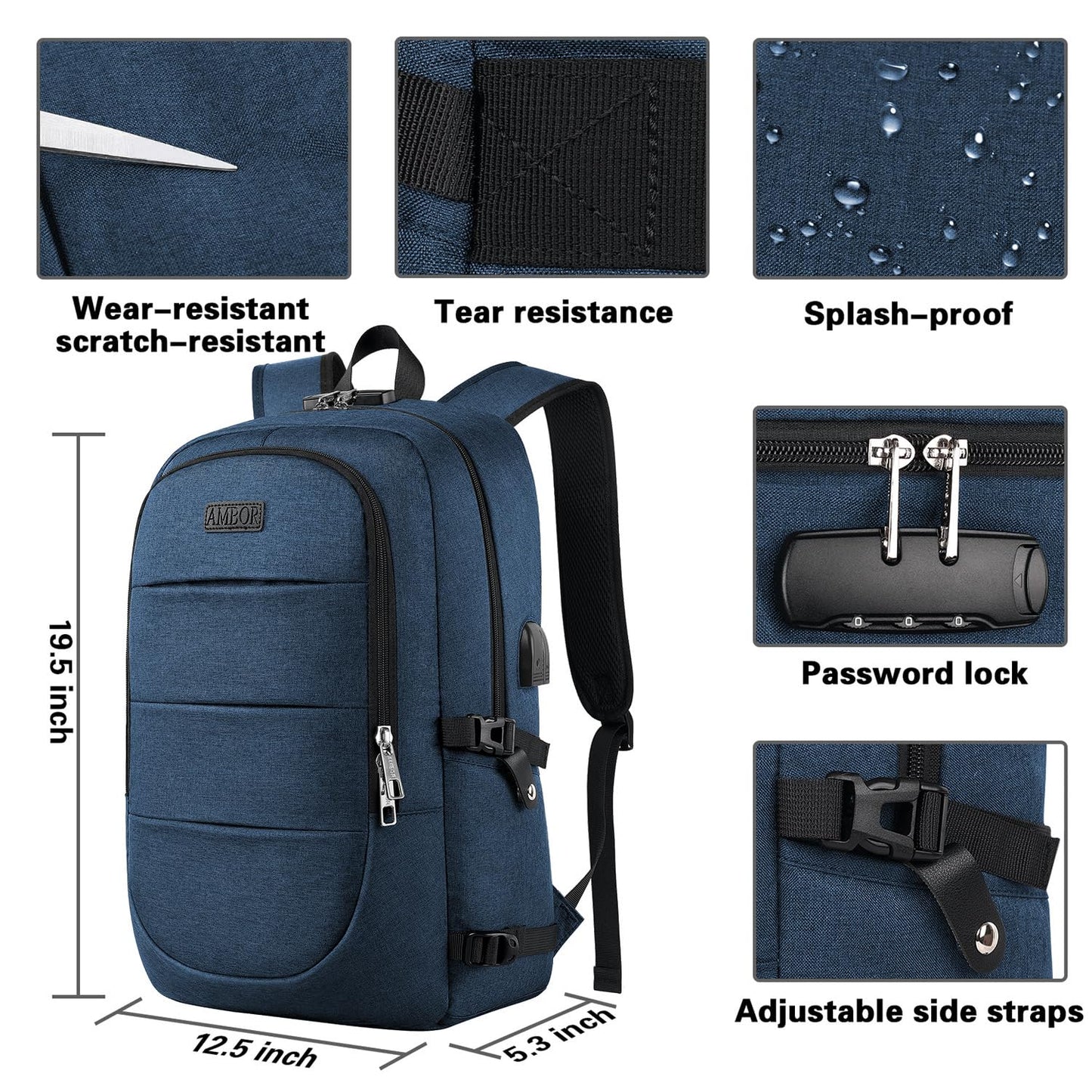 Travel Laptop Backpack, 17.3 inch Anti Theft Business Laptop Backpack with USB Charging Port and Headphone Interface, Computer Backpack for College School Student Work Men & Women Blue