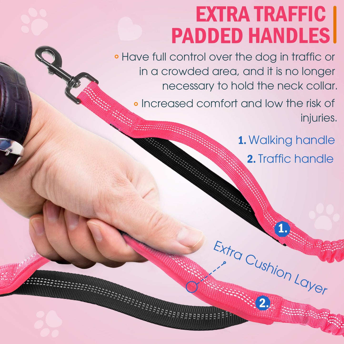 Hands Free Dog Leash with Waist Belt – No-Pull Bungee, Dual Padded Handles & Zipper Pouch for Running, Walking & Training – Adjustable Waist Leash for Large & Medium Dogs (Pink)