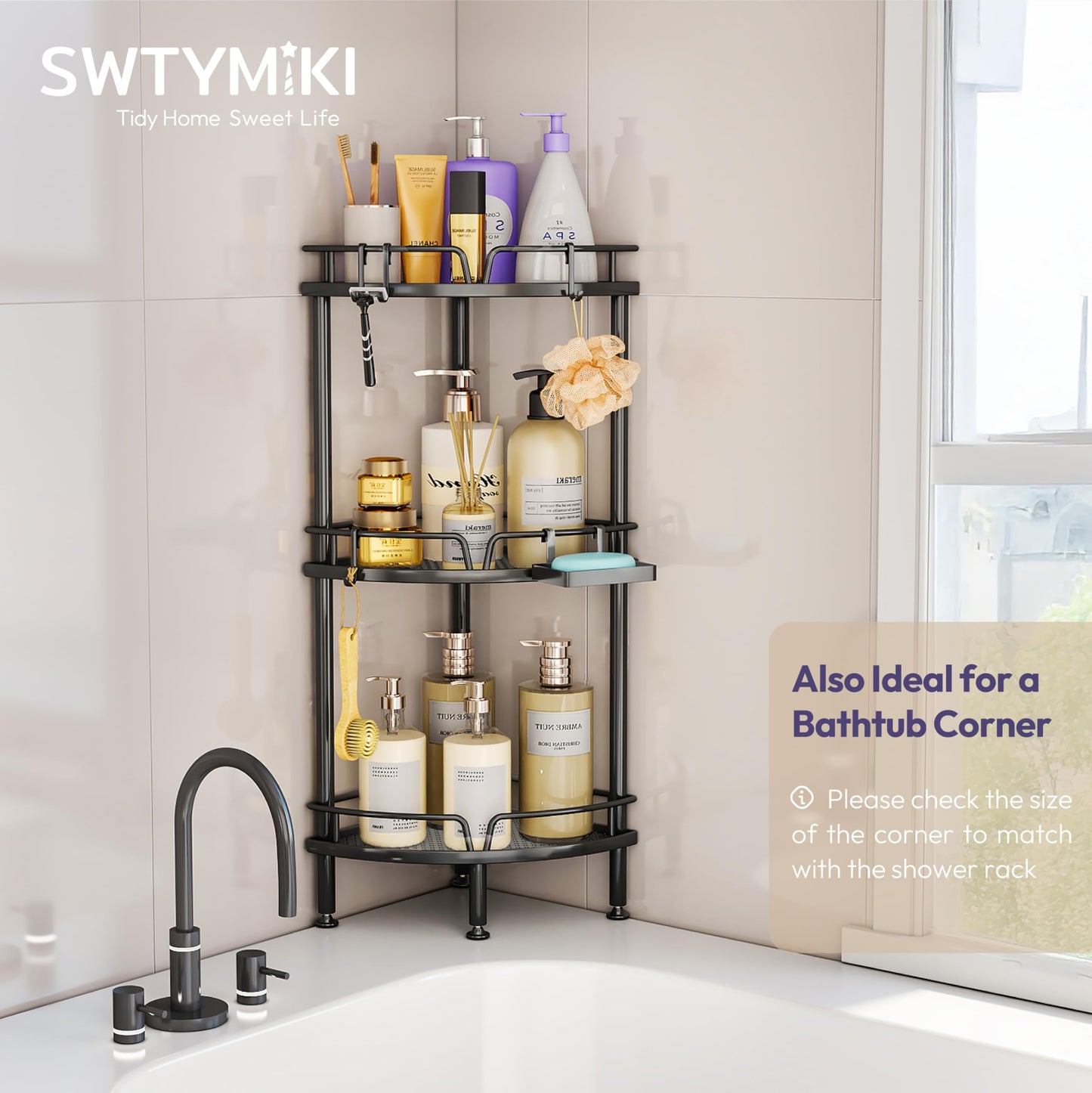 SWTYMIKI Shower Caddy Corner - 3 Tier Rustproof Bathroom Corner Shelf Standing Shower Organizer Rack Corner Shelf with Soap Holder for Inside Bathroom, Bathtub, Showers Pan, Black