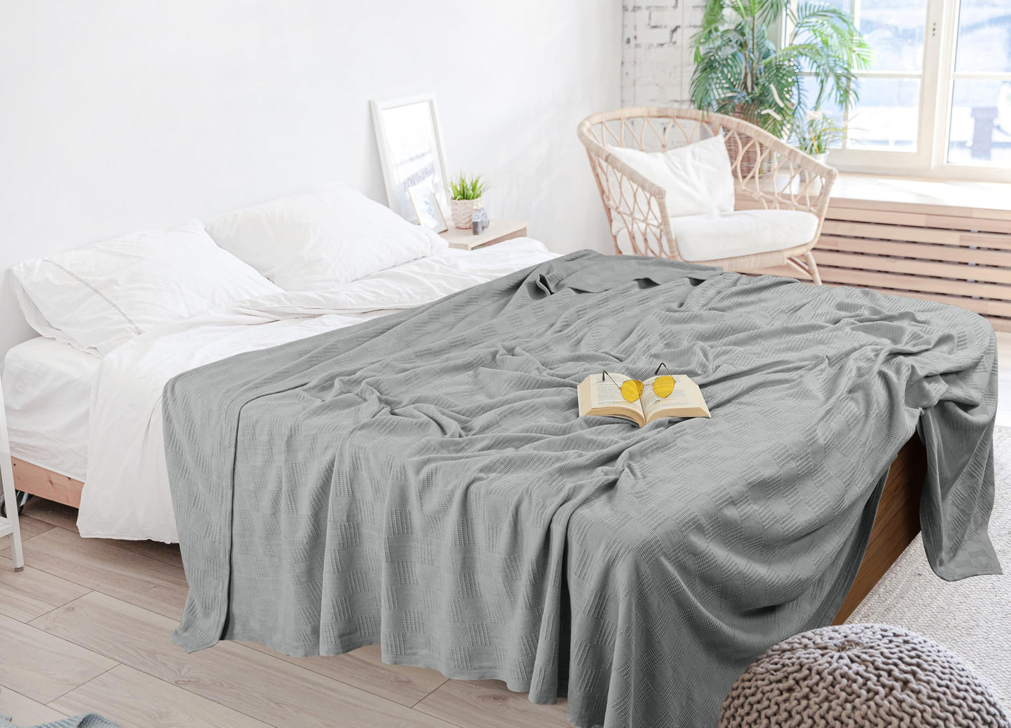 Utopia Bedding 100% Cotton Blanket (Queen Size - 90x90 Inches) 350GSM Lightweight Thermal Blanket, Soft Breathable for All Seasons (Cool Grey)