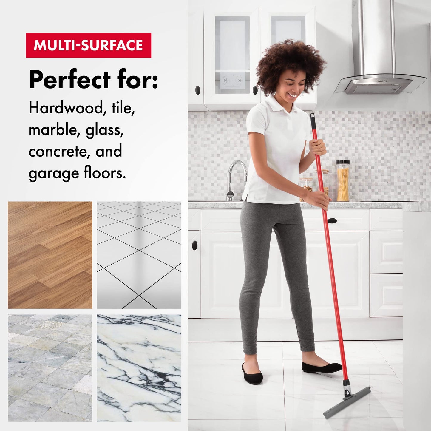 Tyroler Floor Squeegee Heavy Duty, Solid 100% Silicone Squeegee Broom New Aluminum Anti-Rust 4 Part Handle, Adjustable Knuckle Joint, Squeegee Floor for Washing, Drying, Bathroom, Wet Room (45 cm)