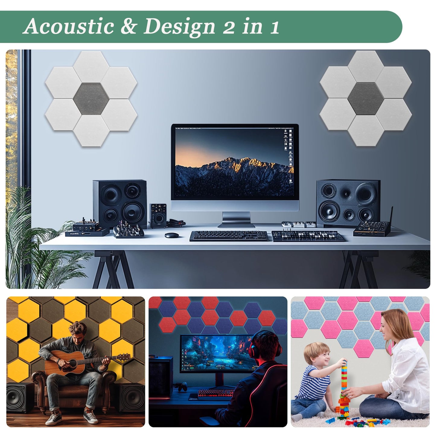 Hexagonal Acoustic Panels-12 Pack High-Density Sound Absorbing Panels 12"X10"X0.4" for Enhanced Noise Reduction, DIY Design, Idea for Studios, Offices, and Home Theaters(Viking Blue)