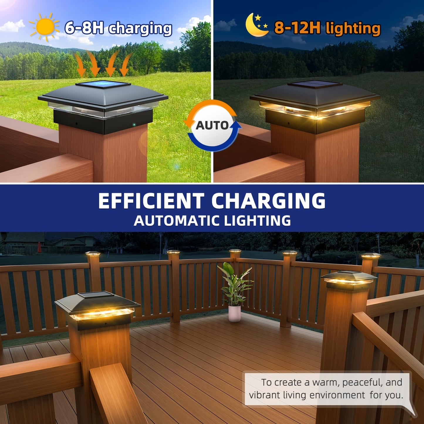 APONUO 4x4 Solar Post Caps Lights,2-Modes Bright Fence Post Solar Lights Outdoor Waterproof Garden Patio Fence Deck Decor for Fence Deck Caps 4x4,6x6 Wood,4x4,5x5 Vinyl,Black,6 Pack