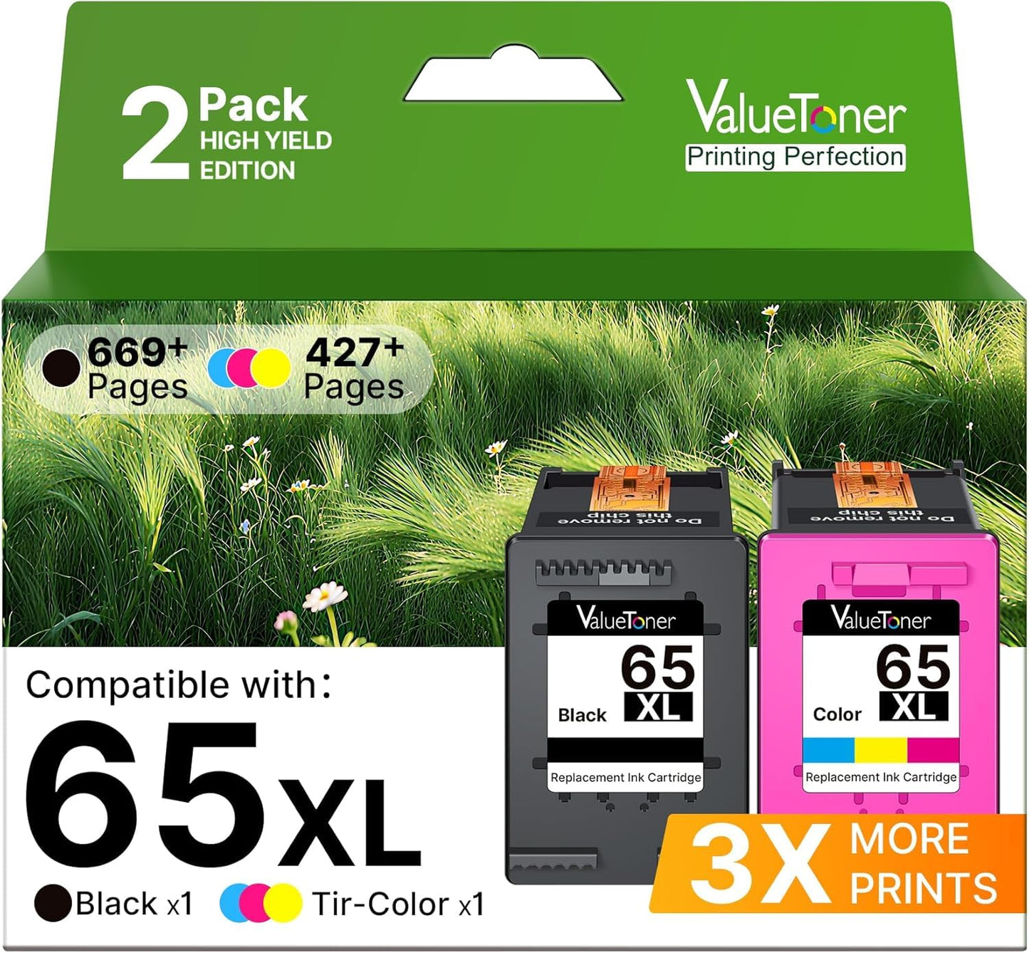 Valuetoner Remanufactured Ink Cartridges Replacement for HP 65XL Ink Cartridge Combo Pack 65 XL for Envy 5055 5052 5058 DeskJet 3755 2655 3720 3722 3723 3752 3758 2652 2624(1 Black, 1 Color)