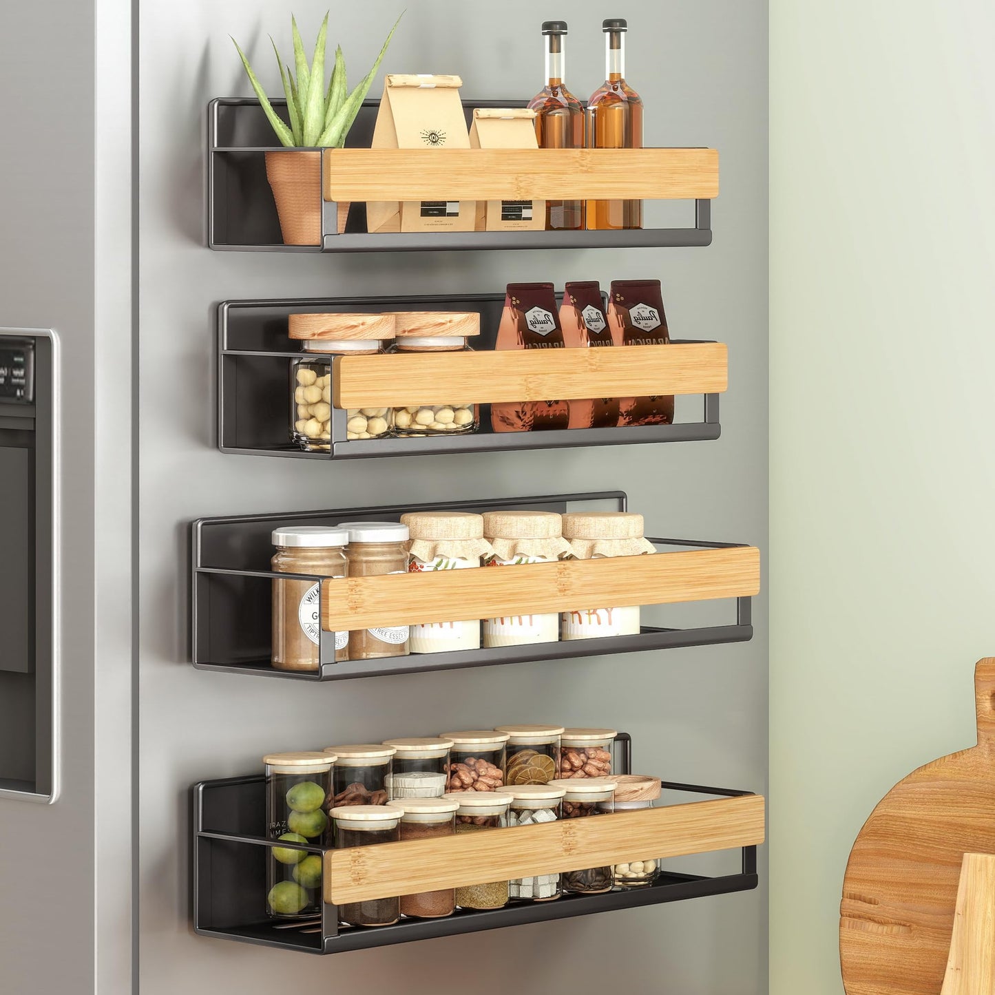 SONGMICS Set of 4 Spice Racks, 2 Large and 2 Small Kitchen Magnetic Shelves for Refrigerator, Microwave, Washing Machine, Spice Organizers, No Drilling Needed, Ink Black and Light Bamboo UKCS062BH01