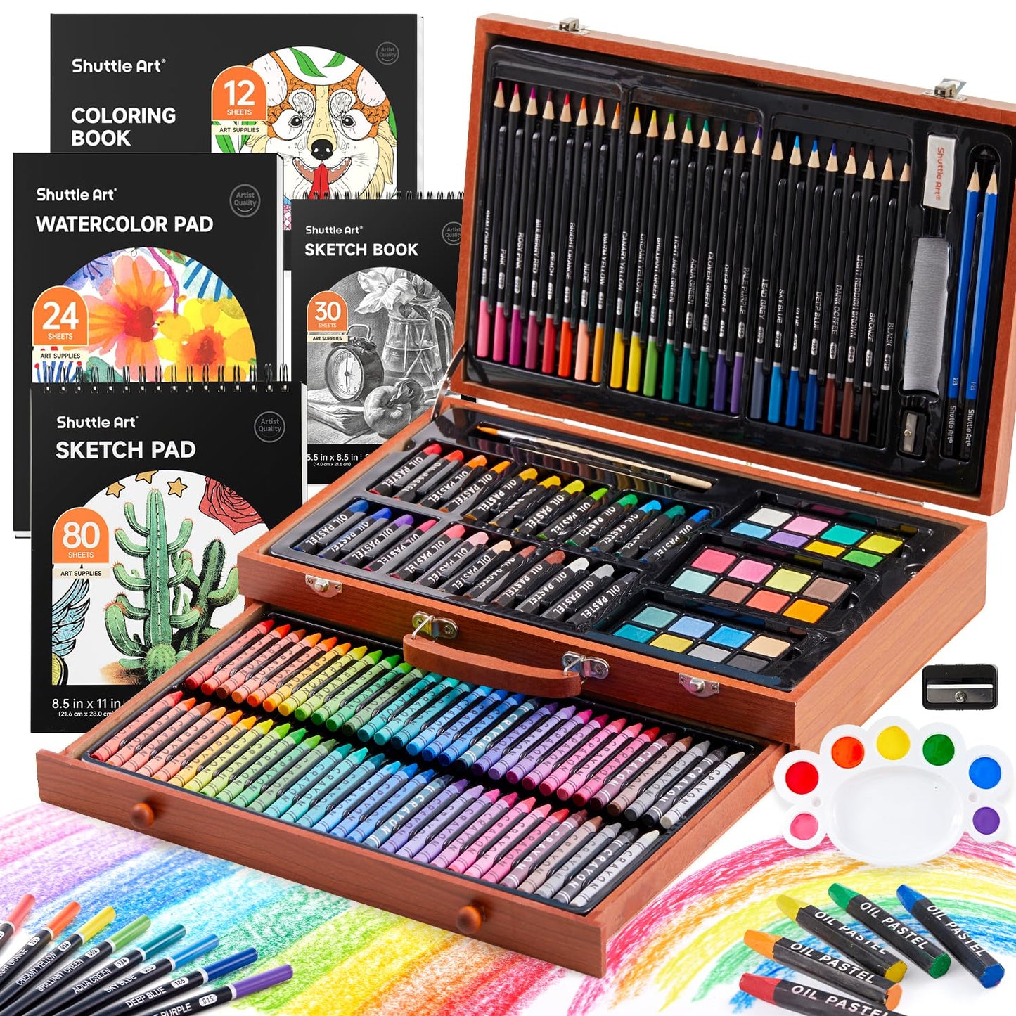 Shuttle Art Deluxe Art Set, 149 Piece Art Supplies in Wooden Case, Painting Drawing Art Kit with Acrylic Paint Pencils Oil Pastels Watercolor Cakes Coloring Book Watercolor Sketch Pad for Kids Adults