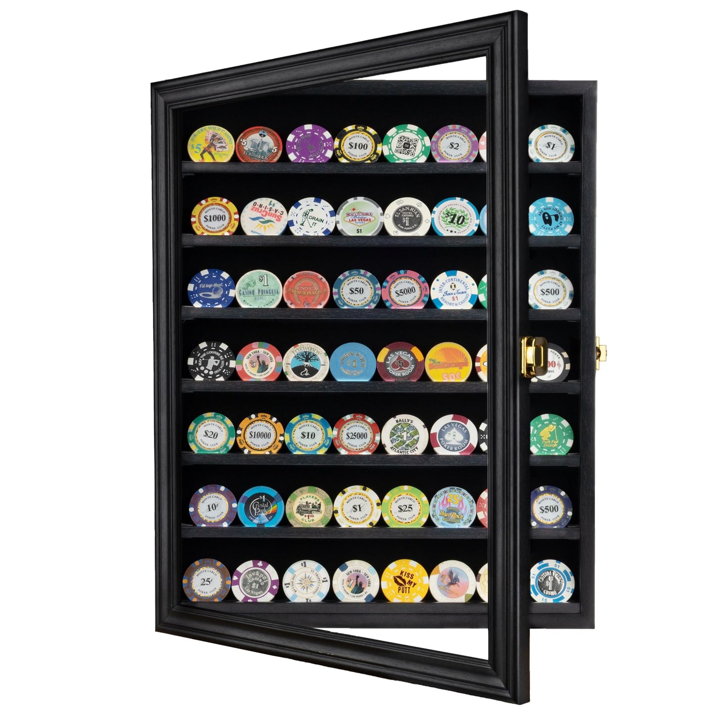 Challenge Coin/Casino Chip Display Case Cabinet Holder Shadow Box, Glass Door, Black (COIN56-BL)