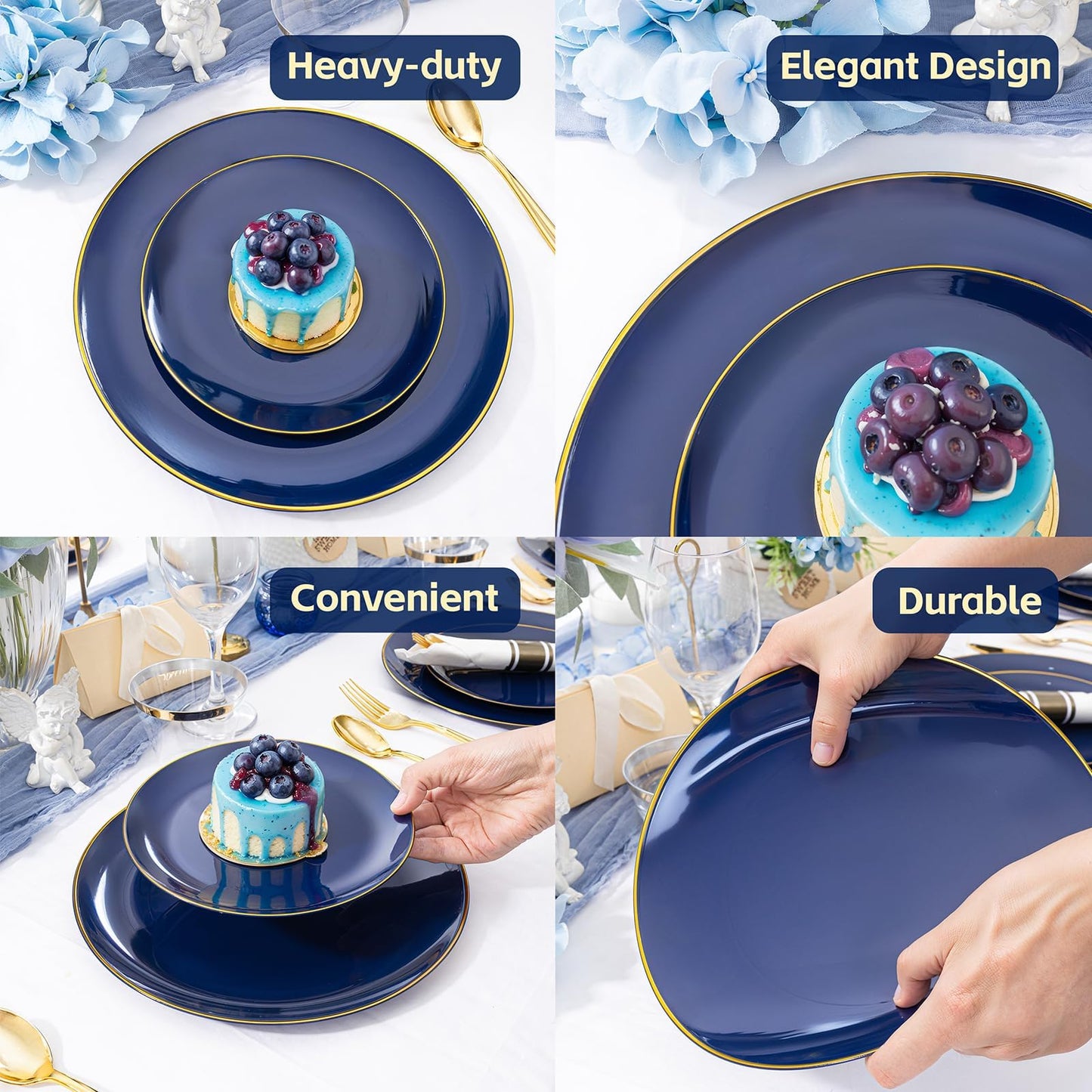 WDF 150Pcs Blue Plastic Plates - Blue and Gold Disposable Plates - 25guest Disposable Dinnerware Include 25 Dinner Plate, 25 Dessert Plate, 75 Cutlery & 25 9oz Cups for Wedding & Parties