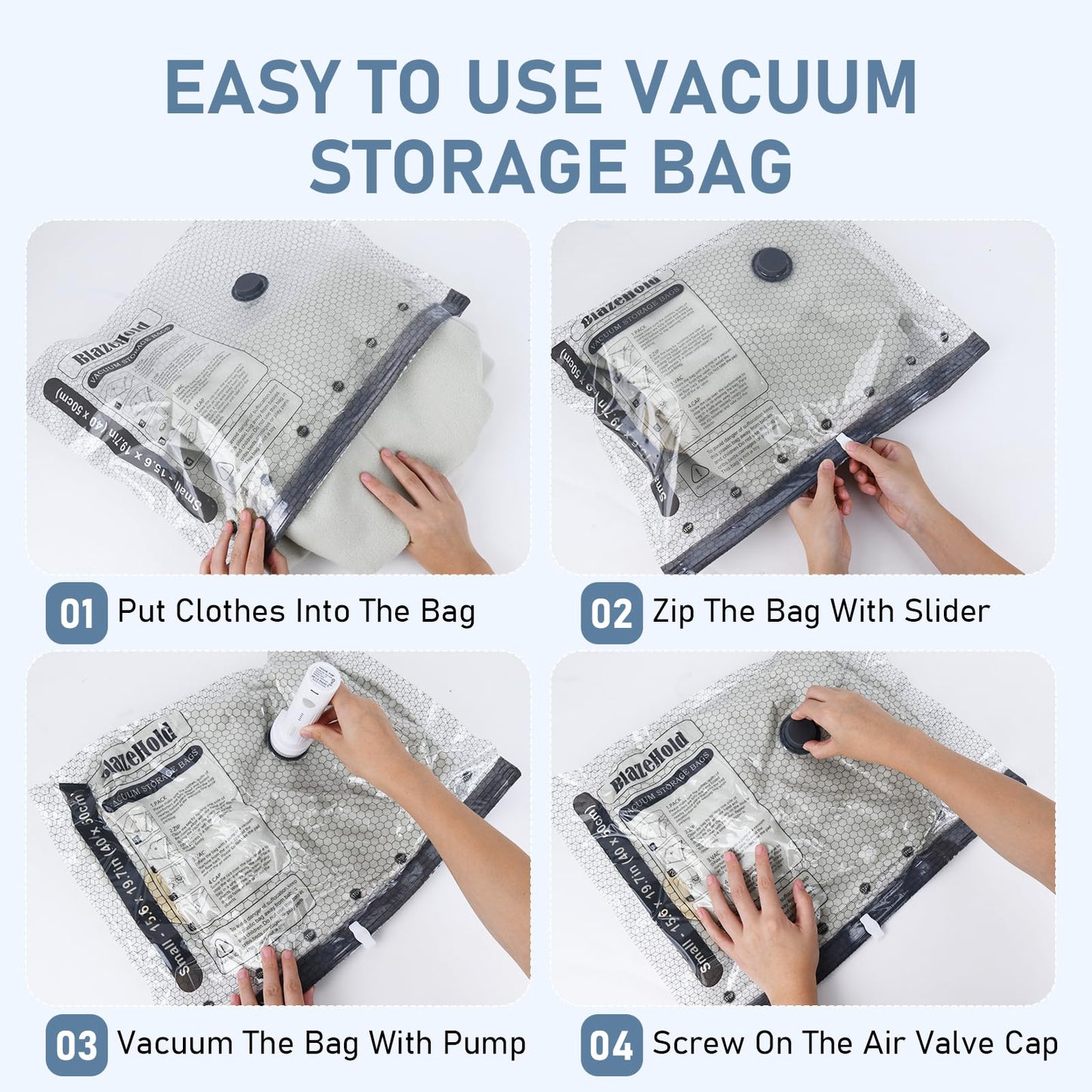 BlazeHold 20 Pack Travel Vacuum Storage Bags with USB Rechargeable Electric Pump, Compression Packing Seal Bag for Luggage, 5 Small + 5 Medium + 5 Large + 5 Jumbo Space Saver Bags for Clothing Travel