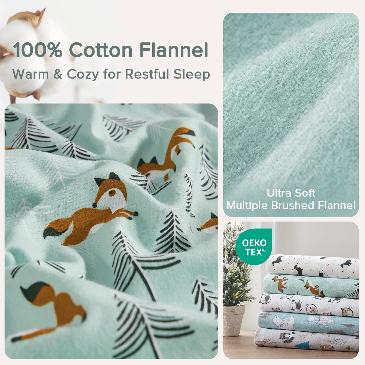 Comfort Spaces Cotton Flannel Breathable Warm Deep Pocket Sheets with Pillow Case Bedding, Twin, Seafoam Foxes 3 Piece