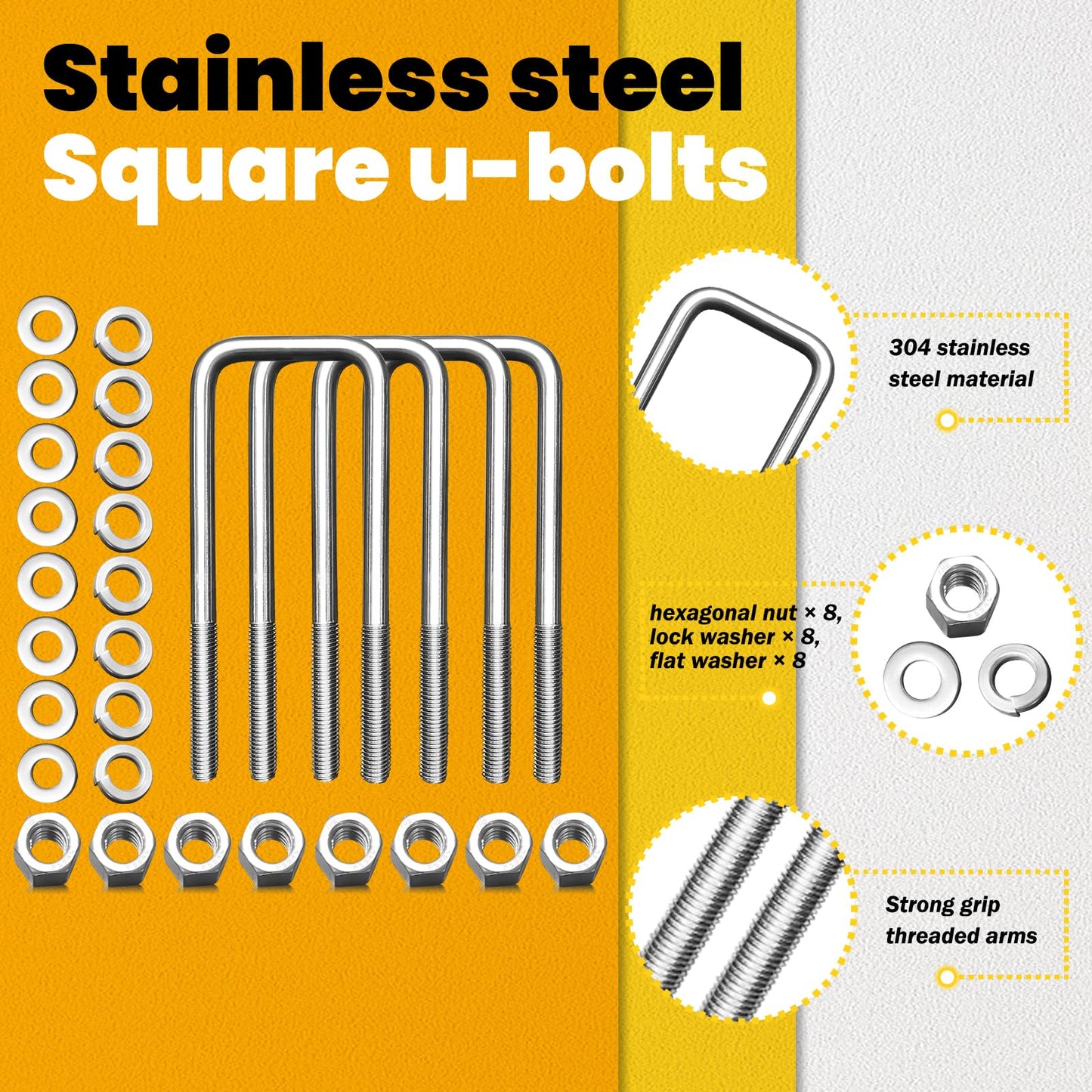 SENKEYFE 4 Pcs 304 Stainless Steel Square U-Bolts with Washers & Nuts, 1/2"-13 Thread, 1/2" D x2-1/16" W x6-5/16" L, Silver Marine Kit