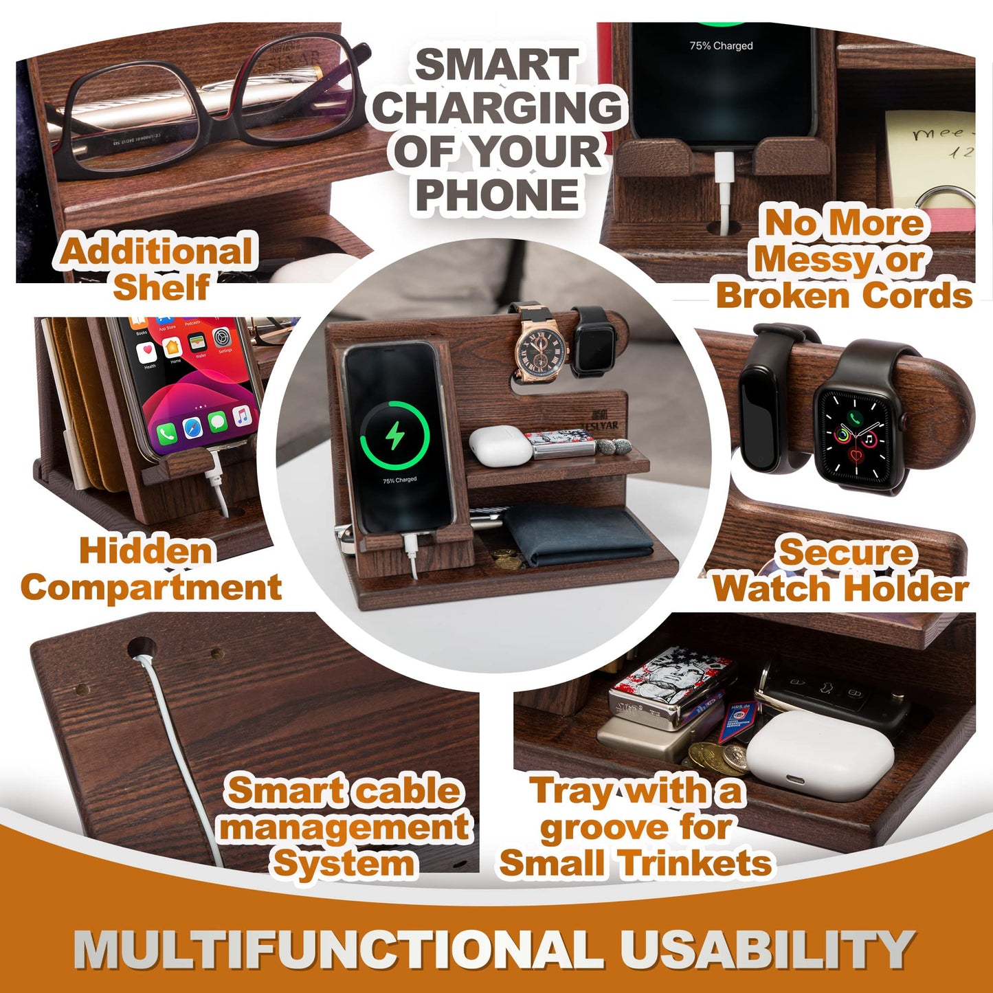 TESLYAR Gifts for Men – Wood Phone Docking Station, Nightstand Desk Organizer, Fathers Gift, Gifts for Dad or for Him, Birthday, Anniversary, Xmas Mens Gift Ideas, Wallet Holder (Bourbon Brown)
