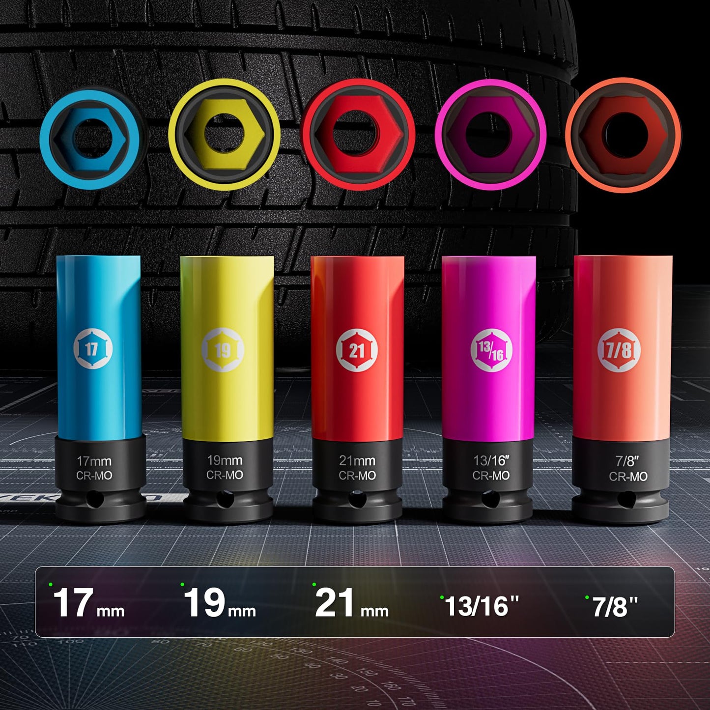 YEKEPRO 5 Pieces 1/2 inch Drive Impact Lug Nut Socket, Metric/SAE 17mm 19mm 21mm 13/16’’ 7/8’’ Thin Wall Deep Socket Set with Non-Marring Wheel Protectors