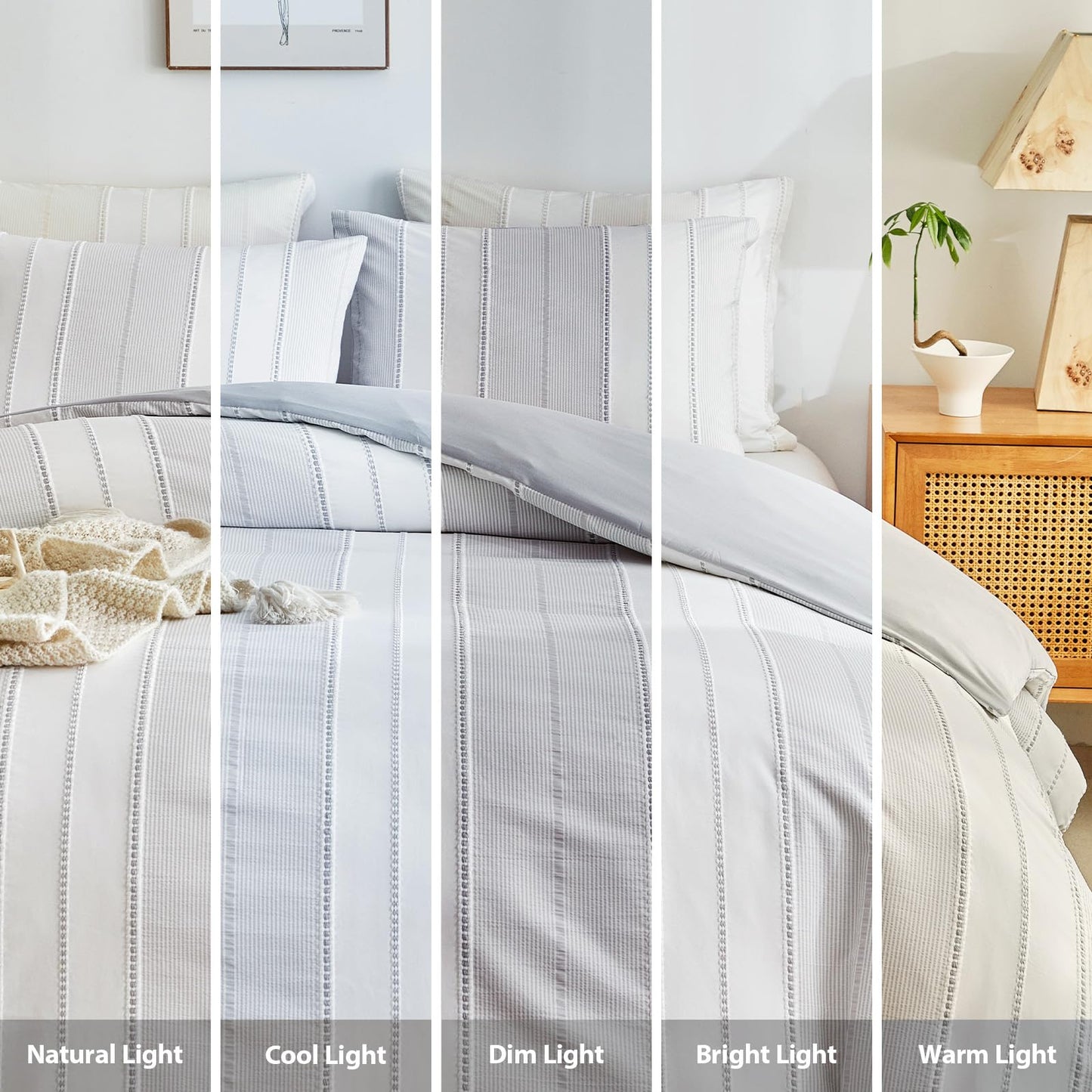 WARMDERN Striped Duvet Cover Lightgrey Queen, Lightgrey with White Striped Weave Pattern Bedding, Microfiber Soft Textured Duvet Cover Set with Zipper Closure and Corner Ties (Lightgrey, Queen)
