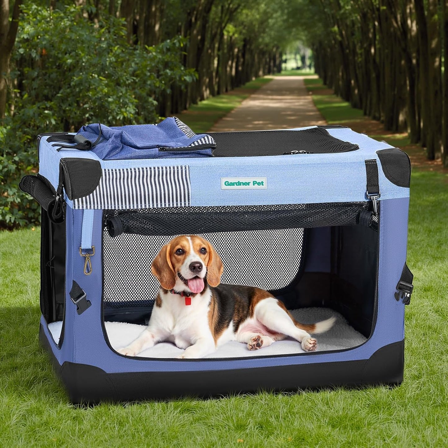 Gardner Pet Soft Collapsible Dog Crate - 30 Inch Portable Travel Dog Crate for Small/Medium Dogs Indoor & Outdoor, 3-Door Pet Crate with Durable Mesh Windows & Storage Bag, Blue