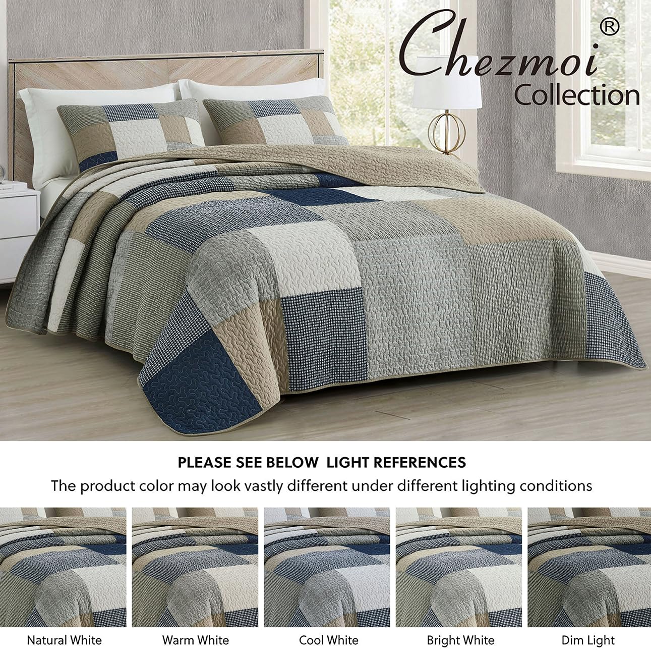 Chezmoi Collection Addy 3-Piece Navy Blue White Gray Taupe Plaid Patchwork Quilt Set - Pre-Washed Cotton Coverlet - Lightweight Reversible Bedspread, Queen Size