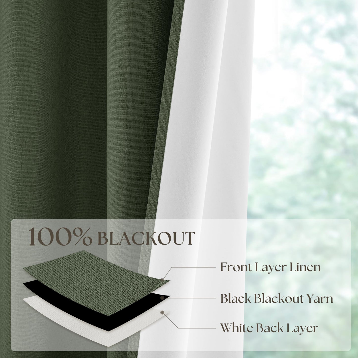 Olive Green 100% Blackout Curtains Linen Textured for Bedroom Black Out Linen Curtains 84 Inches Long Full Light Blocking Thermal Insulated Drapes Energy Saving Rod Pocket Back Tab 52x84 Inch Green