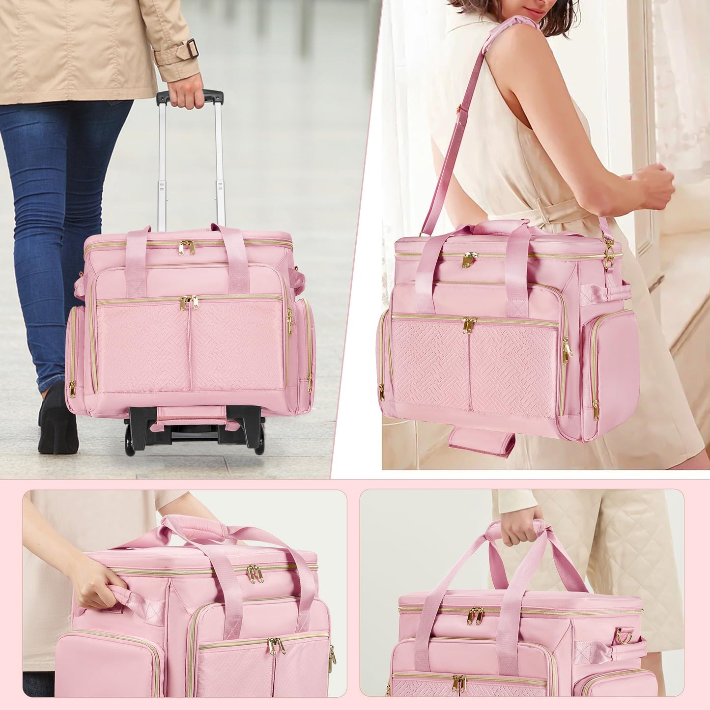 Prokva Rolling Teacher Bag with Wheels, Teacher Tote Bag with Detachable Trolley, Fits for 15.6" Laptop, Pink (Patent Design)