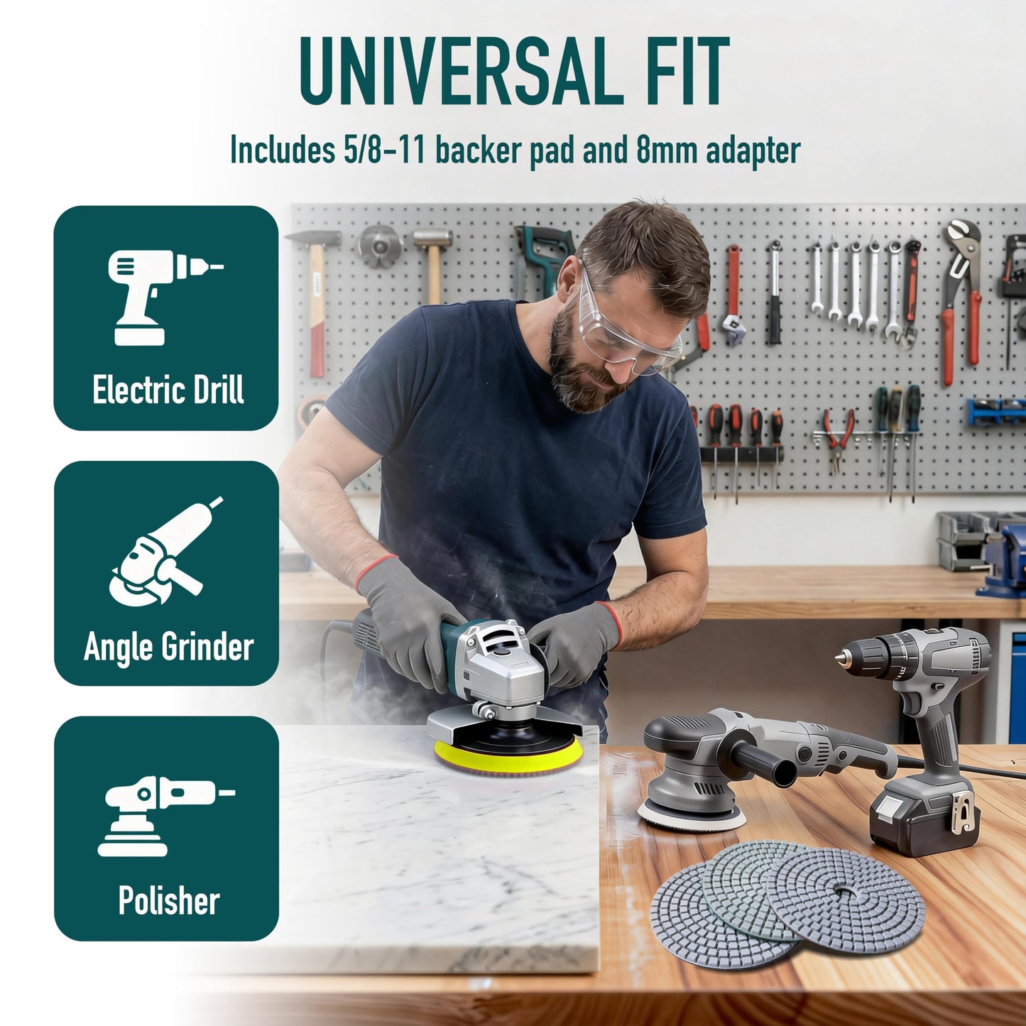 Waies 4 Inch Diamond Polishing Pads 11 PCS with 5/8"-11 Backer Pad, Wet/Dry 50-10000 Grit Polish Pad Kit for Concrete Granite Marble Quartz Countertop Stone Rock for Drill Grinder Polisher