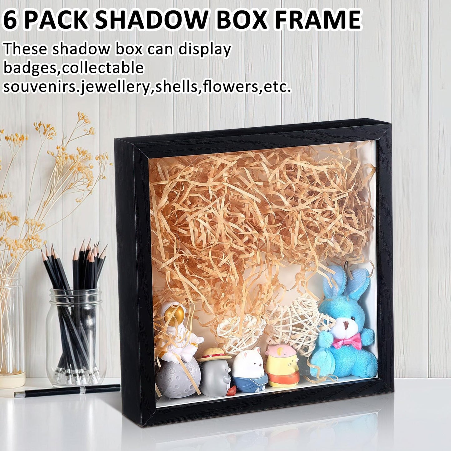 6 Pieces 8 x 8 Inches Shadow Box Frame Black Wood Shadow Boxes Display Cases, 1.2 Inch Interior Depth Shadow Box for Wall and Tabletop Display Ideal for Memorabilia, Pictures, Flowers, Medals, Tickets