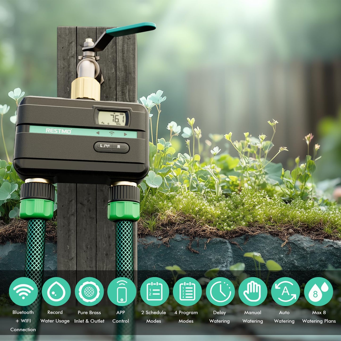RESTMO Smart Water Timer with Flow Meter, Sprinkler Timer for Garden Hose, Brass Inlet & Outlet, Automatic Lawn & Yard Irrigation Watering System, APP Remote Control (2.4Ghz WiFi Connection)
