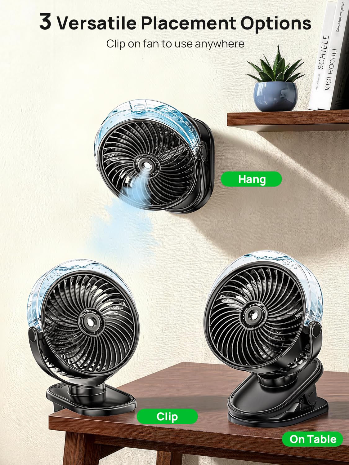 Wrischan Portable Misting Clip on Fan, 6000mAh USB-C Rechargeable Personal Cooling Fan with 4 Speeds & 2 Mist Modes – 360° Rotatable, LED Light for Stroller, Golf Cart, Camping, Home Office & Travel