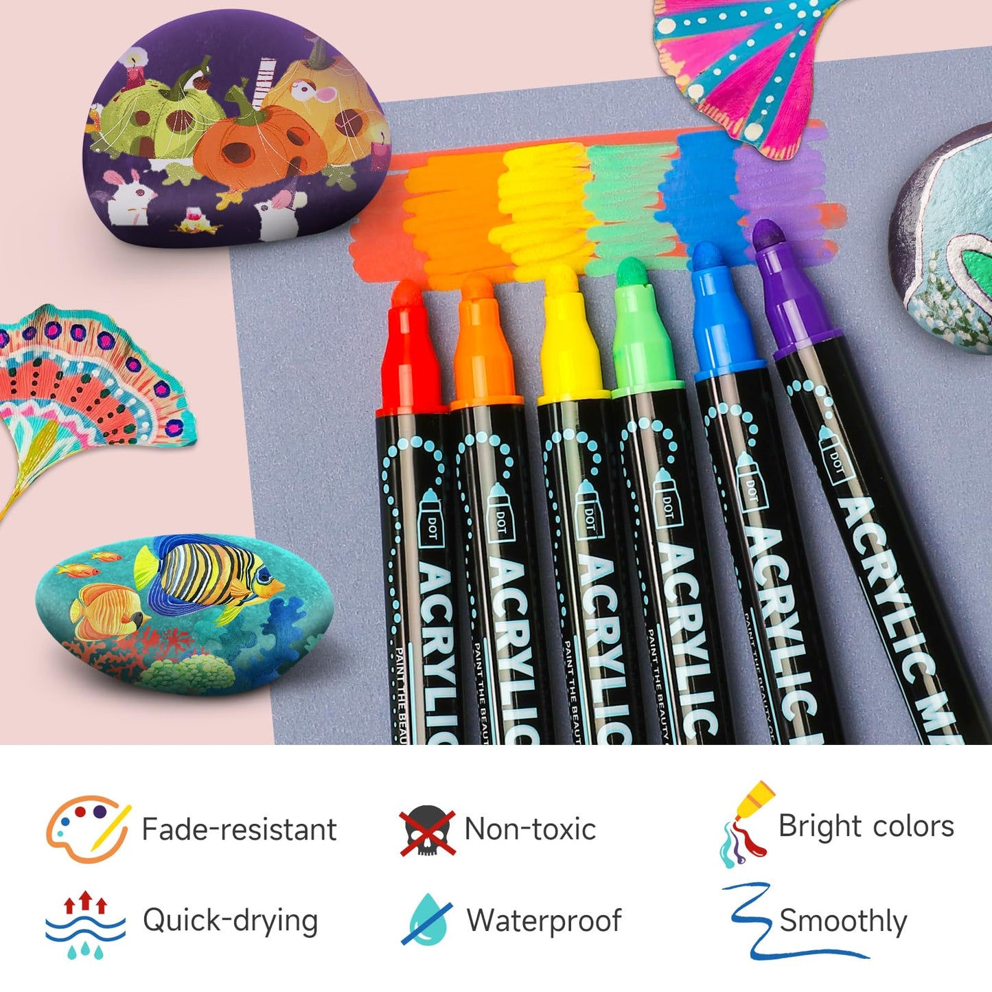 Lamitocs Acrylic Paint Pens, 60 Colours Dual Tip Acrylic Markers with Fine & Dot Nibs for Rock, Wood, Glass, Canvas, Office & Studio Painting