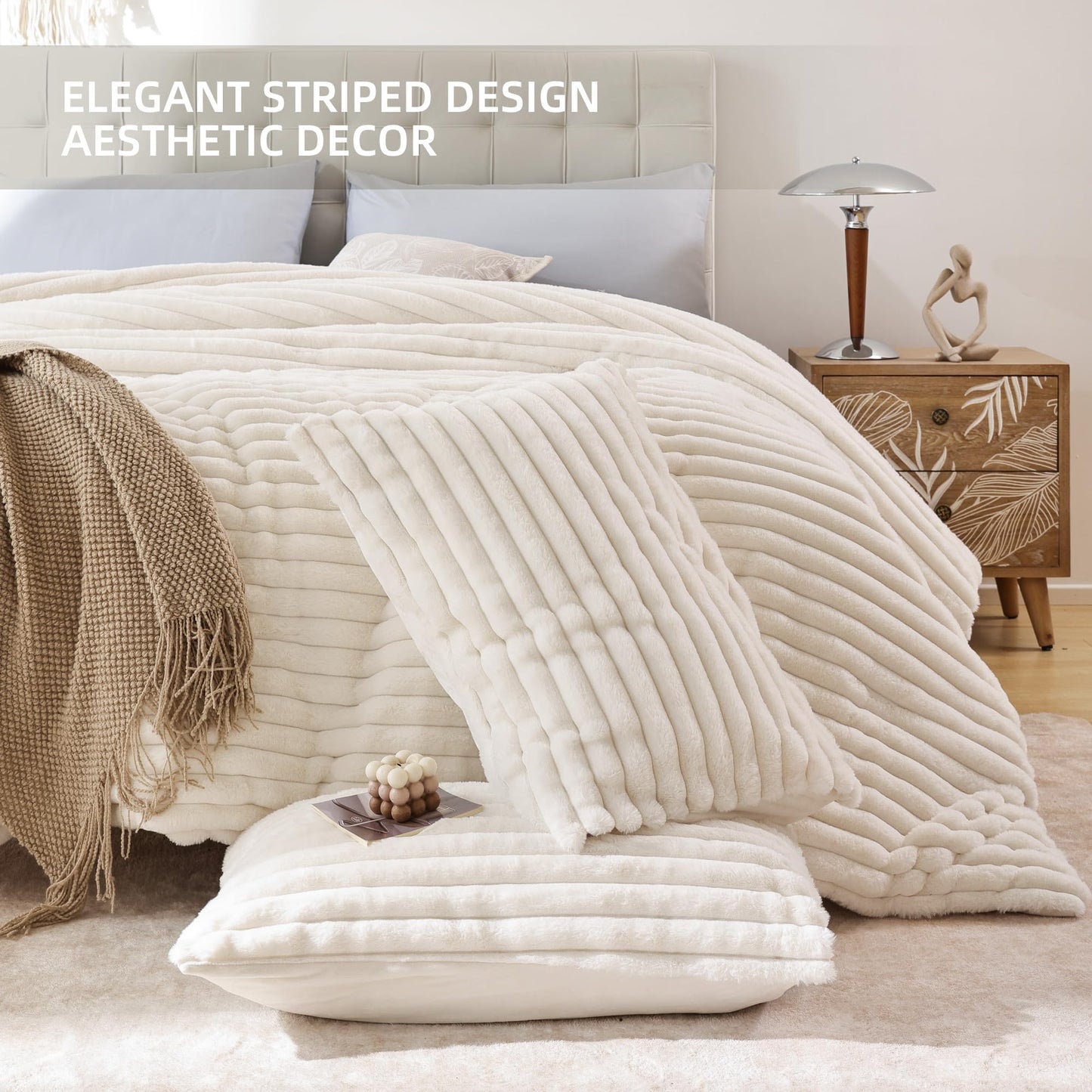 YIKUSH Fluffy Queen Comforter Set 3 Pieces - Cream White Fleece Fluffy Comforter Queen Set, Luxury Fuzzy Queen Bed Set, Soft & Warm Bed Comforter Queen with 2 Pillow Cases