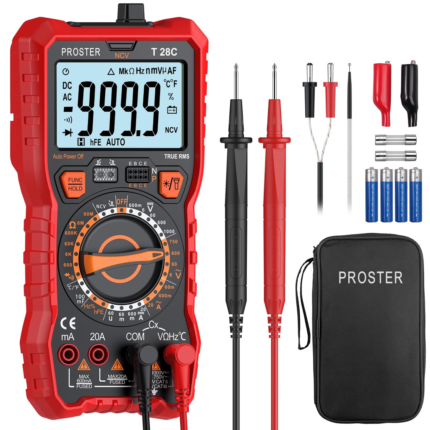 Proster Digital Multimeter 6000 Counts TRMS NCV Detector DC AC Voltage Current Meter Temperature Capacitance Resistance Diode Continuity HFE Tester Manual Multi Testers
