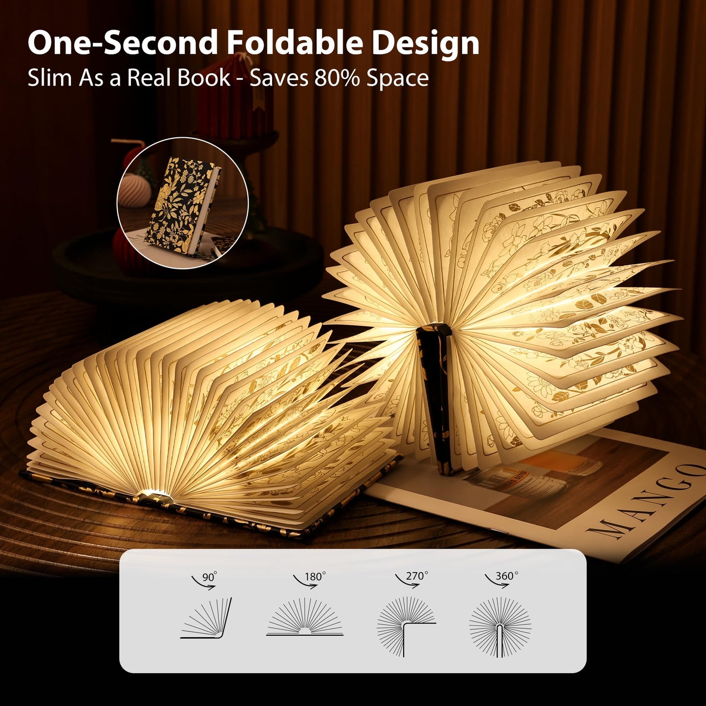 ZBOLE Floral Print Book Light,3-Color Book Lamp Book Lovers Gifts | 1200mAh Portable Foldable Paper Desk Lamp | Night Reading Bookshelf Lamp, Gifts for Women Birthday Ambient Lighting(Black Gold)