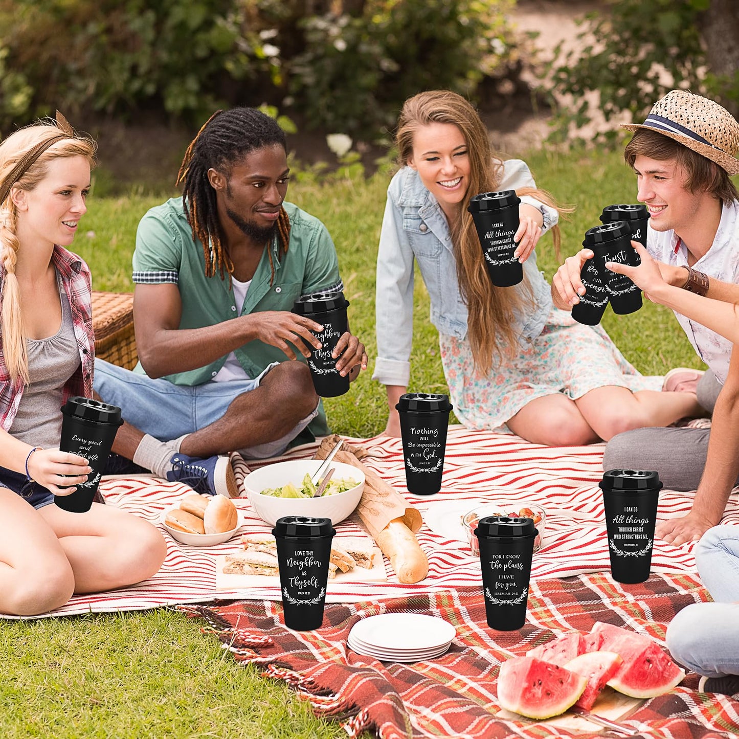 20 Pcs Reusable Christian Coffee Cups, 16 oz Bible Verse Plastic Tumblers with Lids, Religious Plastic Cups Bulk, Travel Coffee Mug Inspirational Christian Gifts for Men Women (Black)