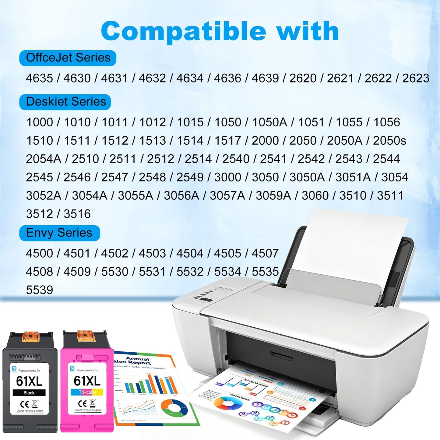 61XL Ink Cartridge Black and Colour Replacement for HP 61 Ink Cartridges Compatible for HP Envy 4500 Ink 5530 5534 DeskJet 1000 1010 2540 3050 OfficeJet 4630 4635 Printer(1 Black,1 Tri-Color)