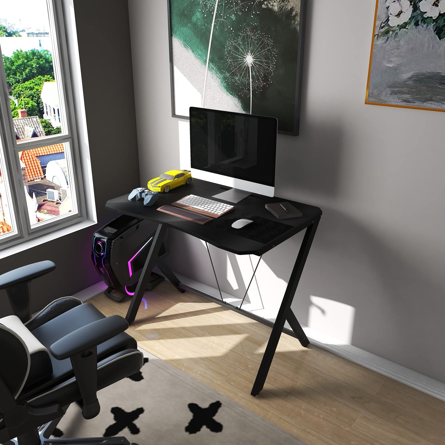 DEILALY 35In Carbon Fiber Small Gaming Desk W90CM Small Computer Table Gamer Desk Office Home Study Work Station Bureau Pupitre PC Table Steel Legs Dormitory Apartment Corner Desk