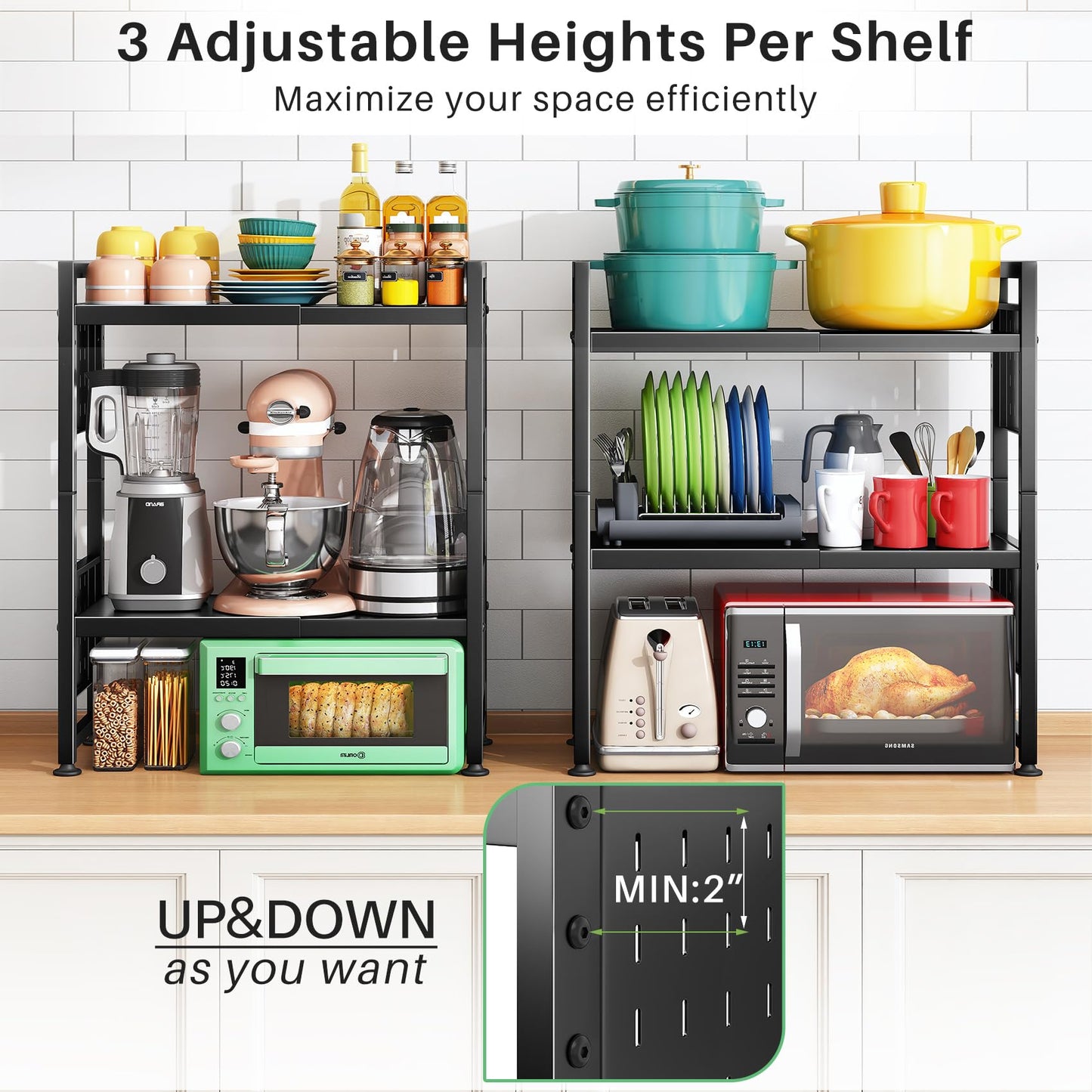 Expandable Microwave Stand,Heavy Duty 3-Tier Adjustable Height Microwave Oven Rack with 9 Hooks, Towel Rack, and Cutting Board Holder, Countertop Kitchen Shelf Organizer, Holds up to 180 lbs, Black