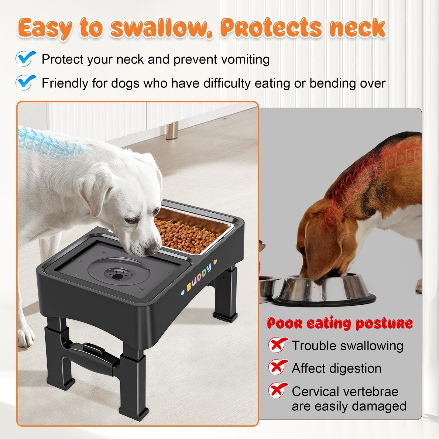 Decflow 3-in-1 Elevated Dog Bowls, 4 Height Adjustable Raised with Stainless Steel, Slow Feeder, No Spill Water Bowl, DIY Stickers Foldable Pet Bowl for Medium Large Dogs