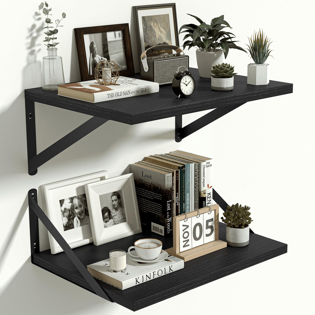 Heimlove 12 Inch Deep Black Floating Shelves，Wood Wall Shelves 16" W x 12" D Set of 2,Wall Mounted Shelves for Living Room, Bedroom, Kitchen, Bathroom,Closet and Decor Storage，Black Bracket
