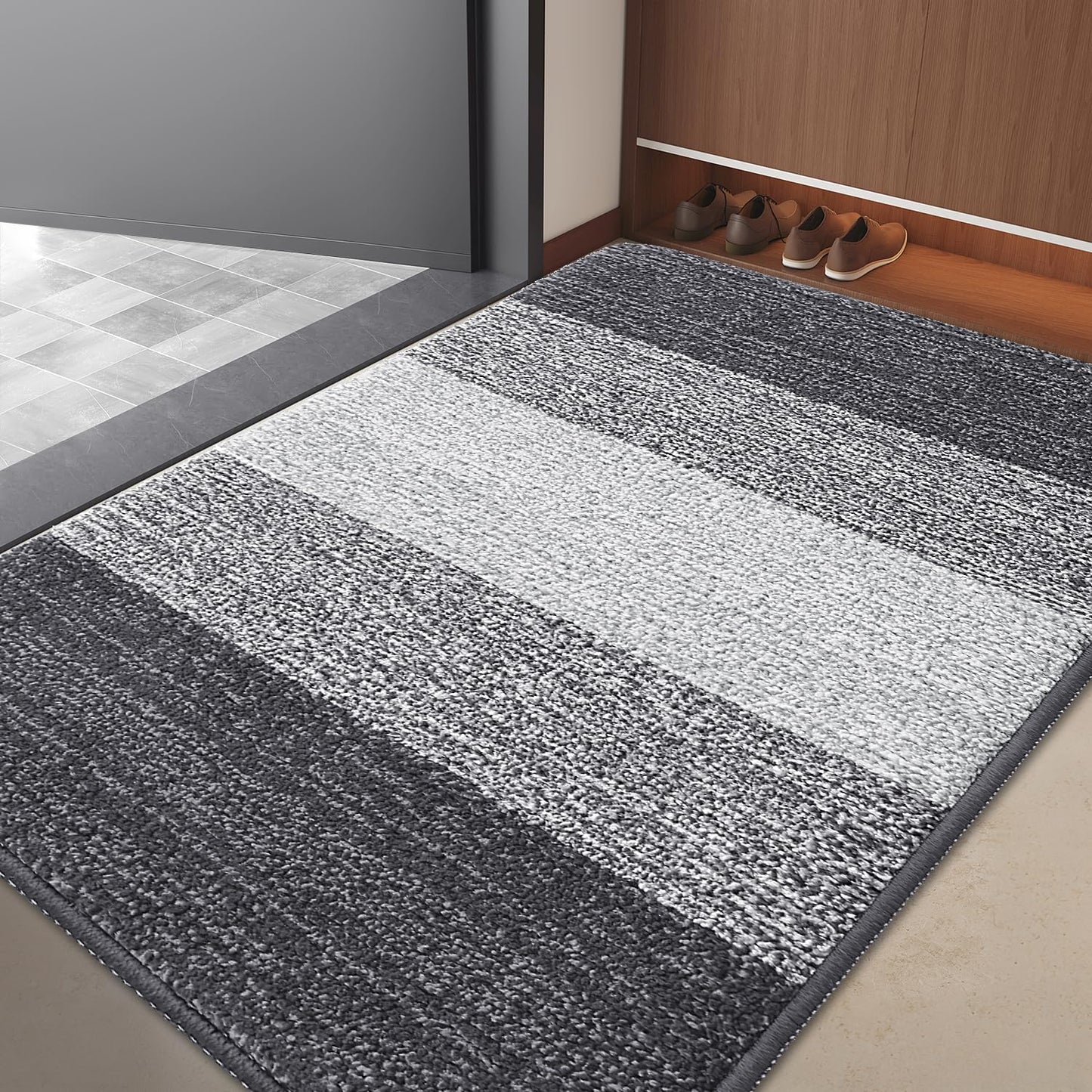 Grandaily Indoor Doormat, 32" x 48" Non-Slip Mud Trapper Absorbent Front Door Mats, Washable Striped Inside Entryway Mat, Low-Profile Welcome Mat Entrance Mat, Grey