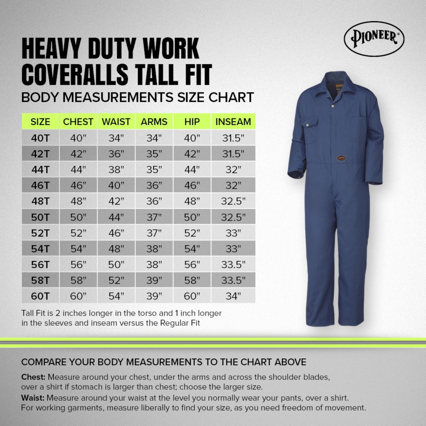 Pioneer Heavy Duty Work Coveralls for Men - 7 Pockets - Adjustable Wrist, Action Back, Elastic Waist - Tall Fit