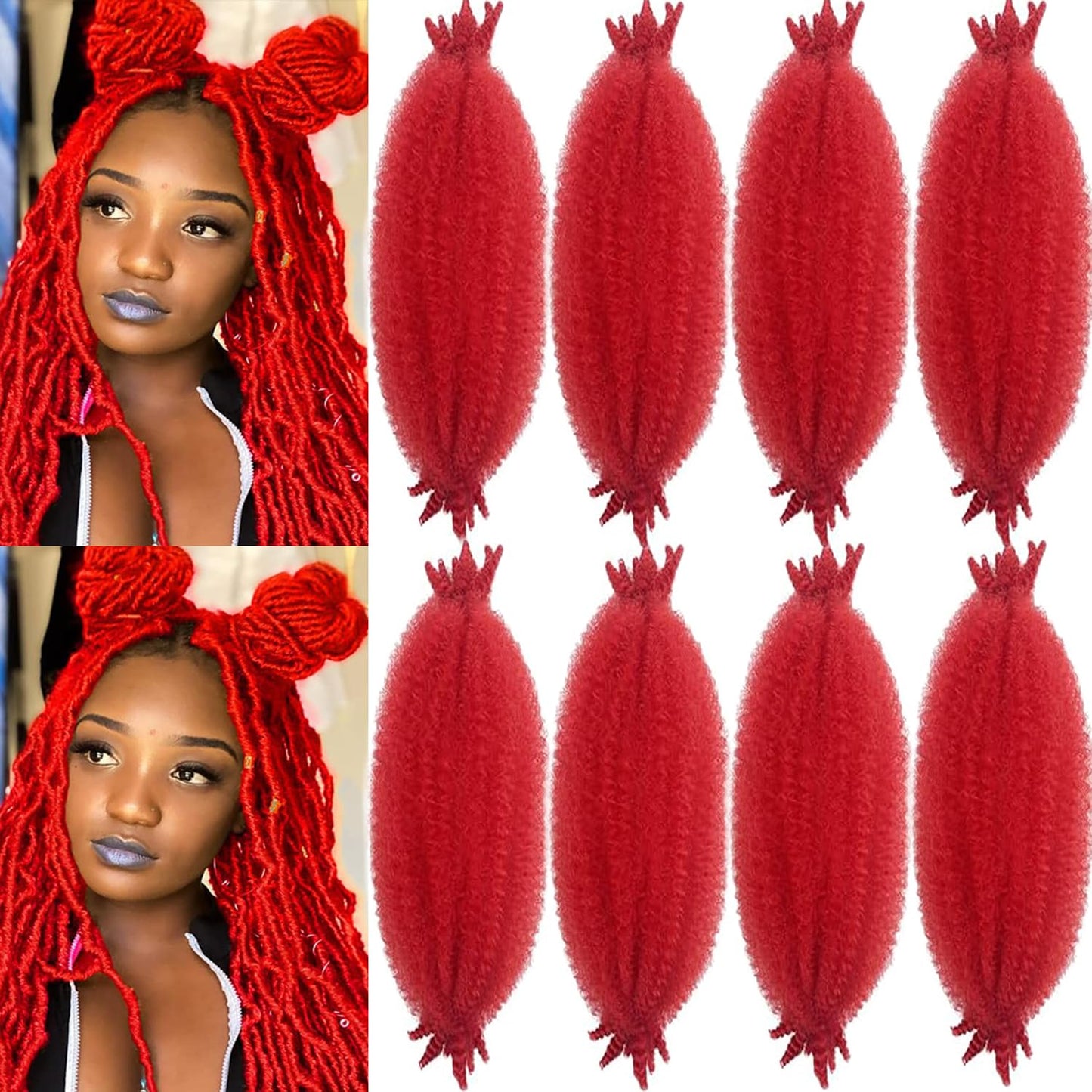 16 Inch Red Springy Afro Twist Hair 8Packs Kinky Braiding Cuban Twist Hair Pre-Separated Spring Afro Wrapping HairExtensions for Women(16Inch,Red#)
