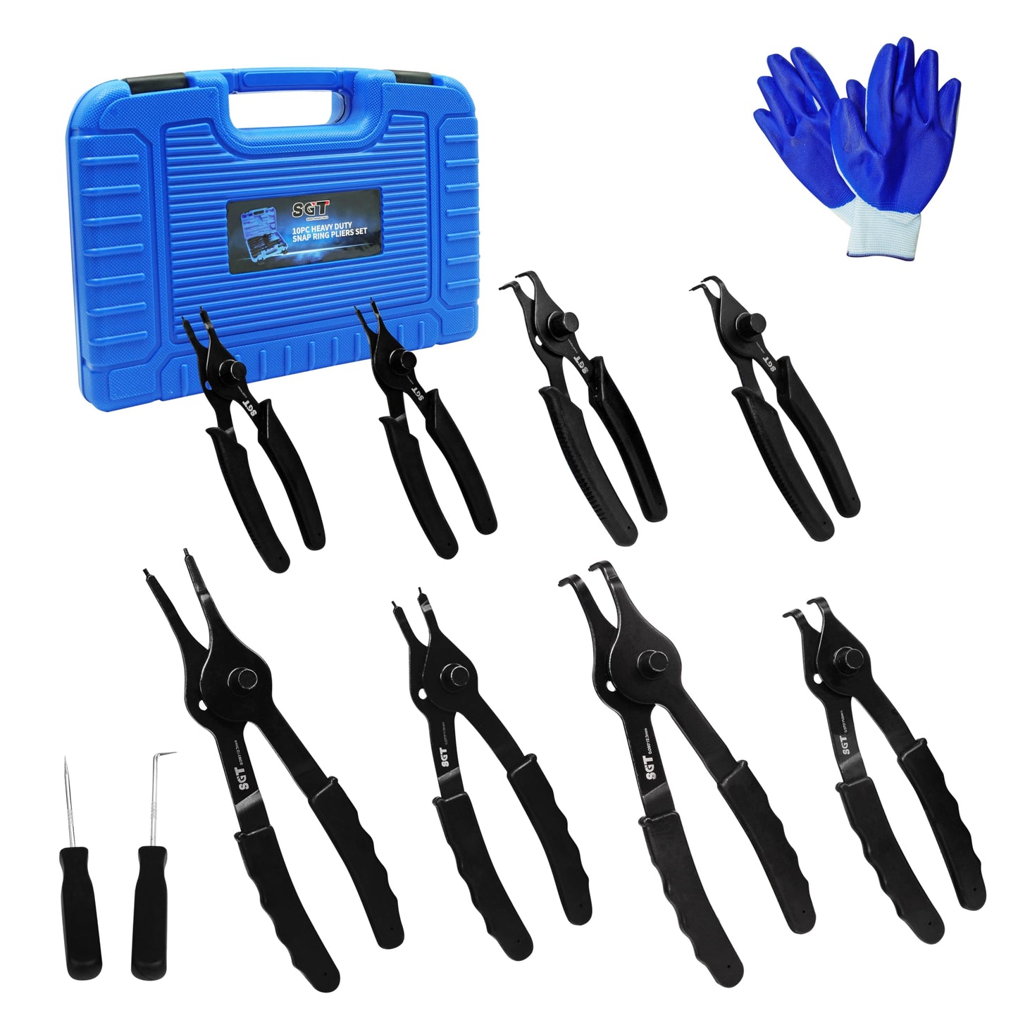 SGT Snap Ring Pliers Set,10 Pcs Internal & External Circlip Pliers with Bent & Straight Pliers,Heavy Duty Removal Tool,Include Hook, Pick,Storage Case and Gloves