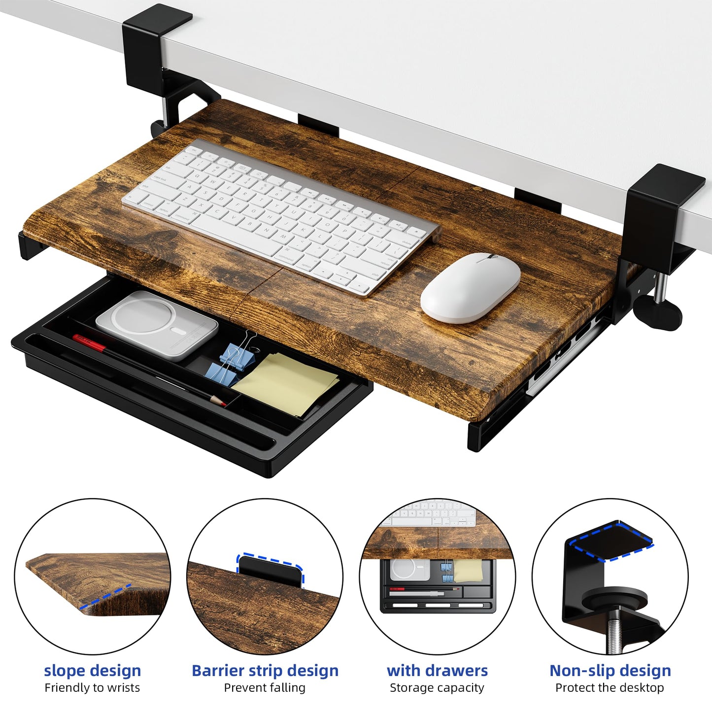 ETHU Under Desk Keyboard Tray - Small Slide Out Keyboard Shelf with C Clamp Mount, 19.7" x 11.8" Ergonomic Pull Out Tray for Home Office Desk, Walnut