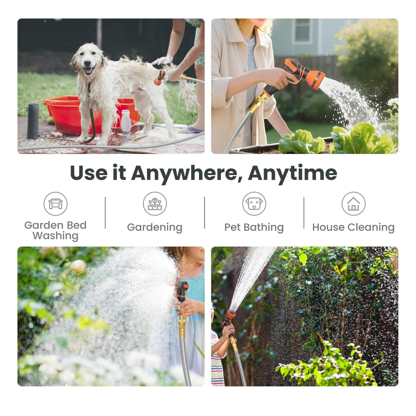 Girafe Tools Garden Hose 100ft x 5/8", 304 Stainless Steel Metal Water Hose, No Kink Garden Water Hose with 9 Pattern Spray Nozzle, Flexible, Lightweight, Kink Free Hose for Yard, Outdoor