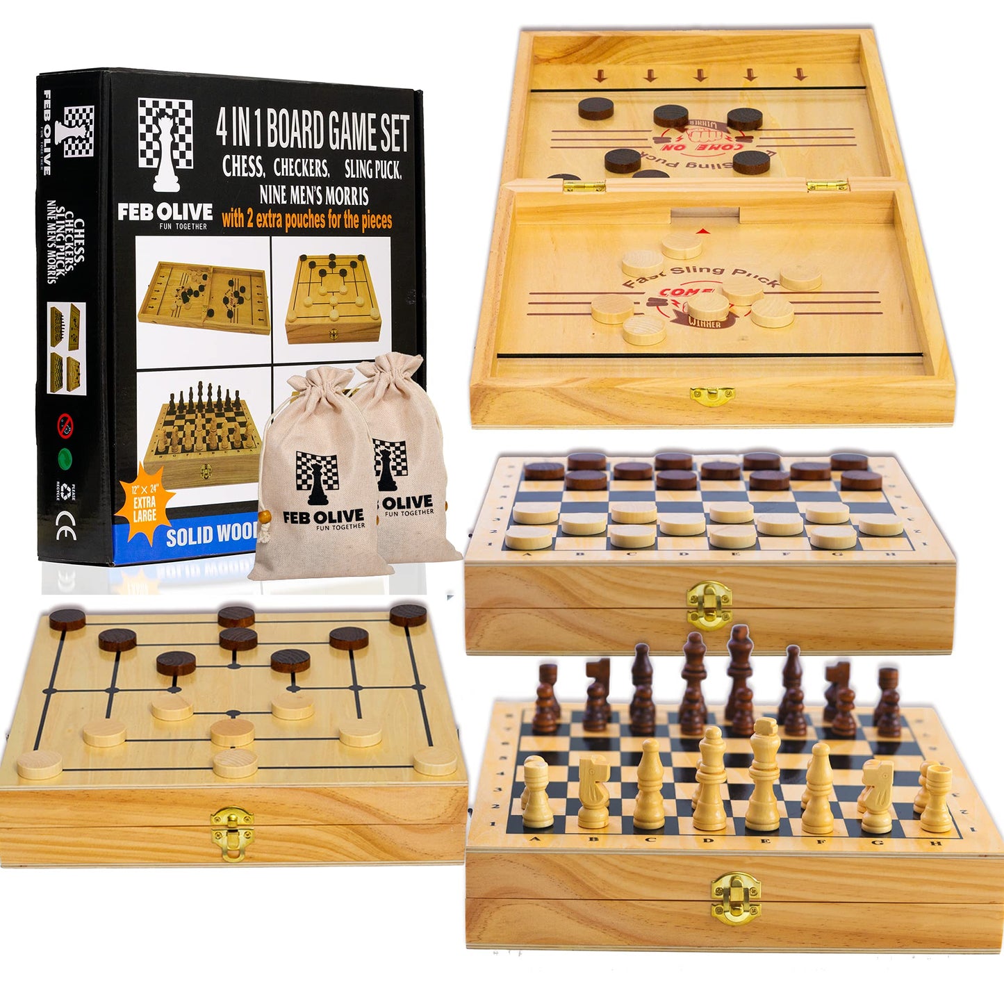4 in 1 Board Game Set - Extra Large Sling Puck Game Wooden Chess Board Sets, Checkers Board Game for Adults Nine Mens Morris | Wooden Chess Set String Puck Game & Checkers Game for Kids